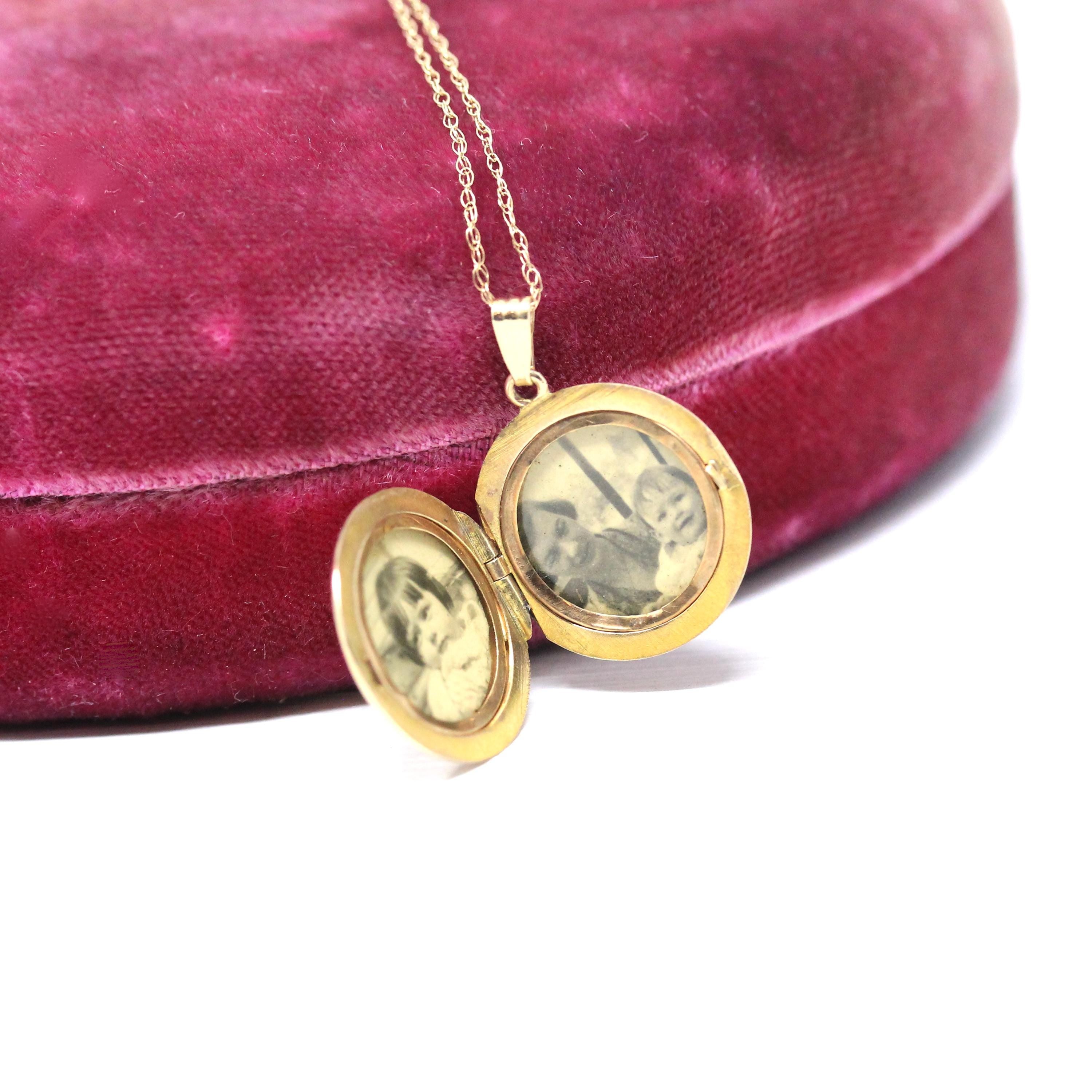 Vintage Round Locket - Retro 10k Yellow Gold Floral Pendant Charm - Circa 1940s Era Engraved Keepsake Original Photographs Fine 40s Jewelry