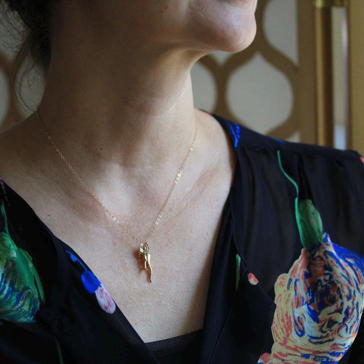 Vintage Charm Necklace - Retro 14k Yellow Gold Cornicello Number 1 Heart Pendants Trio - Circa 1990s Era Personal Fine Italian Horn Jewelry