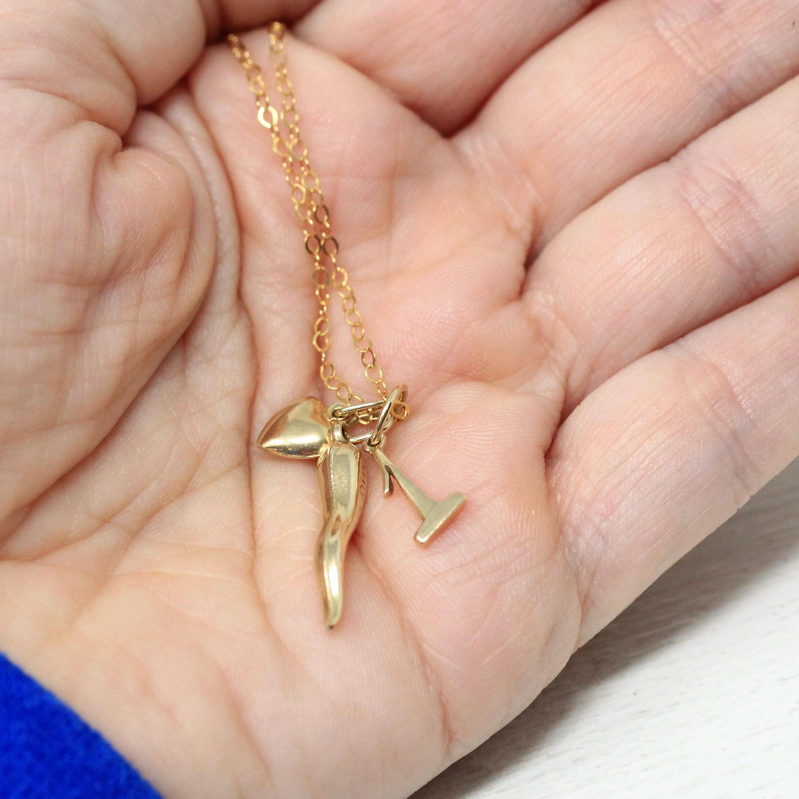 Vintage Charm Necklace - Retro 14k Yellow Gold Cornicello Number 1 Heart Pendants Trio - Circa 1990s Era Personal Fine Italian Horn Jewelry