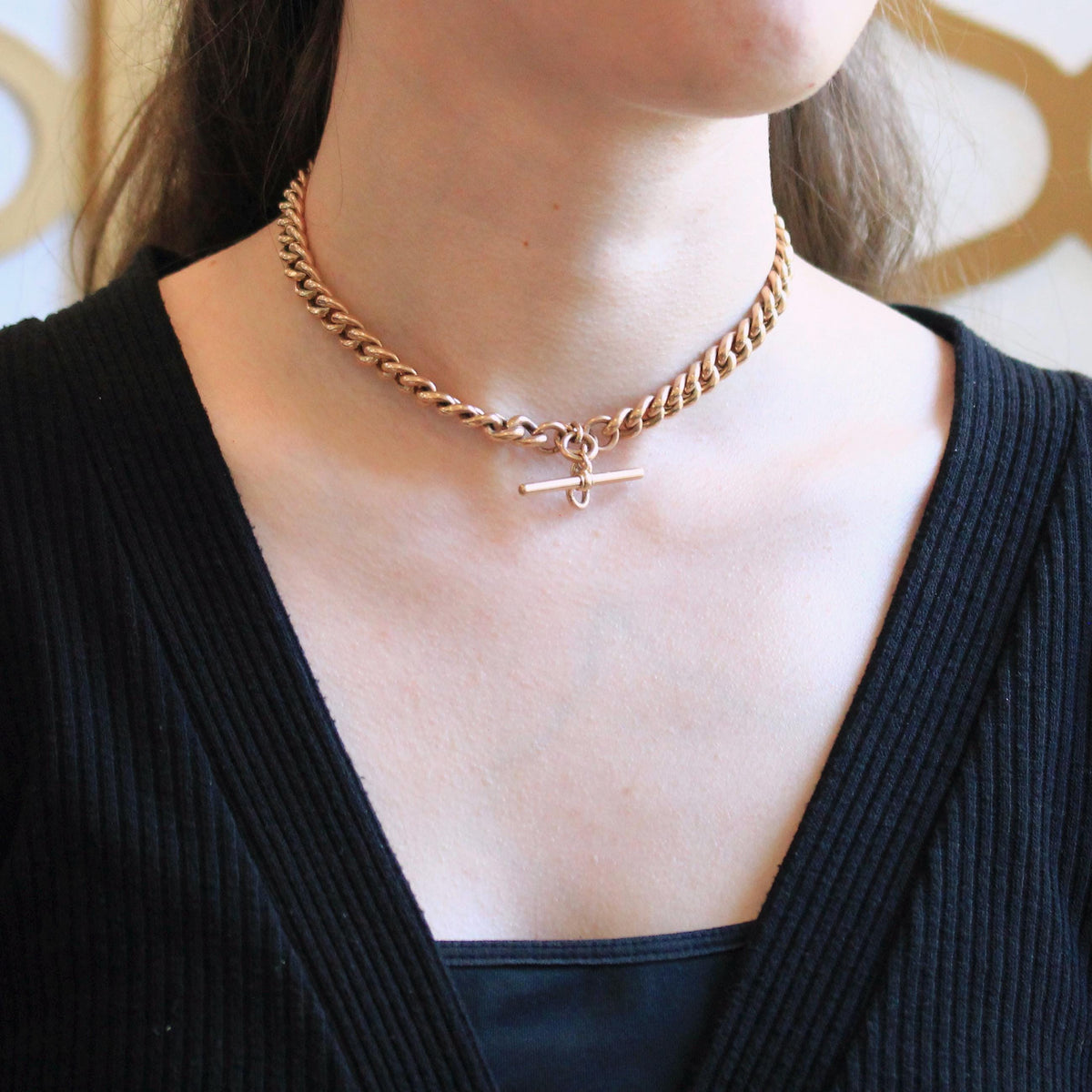 Pocket Watch Chain Necklace - Antique 9ct Rosy Yellow Gold T Bar Spring Ring Swivel Clip Choker - Edwardian Circa 1910s Chunky Fine Jewelry