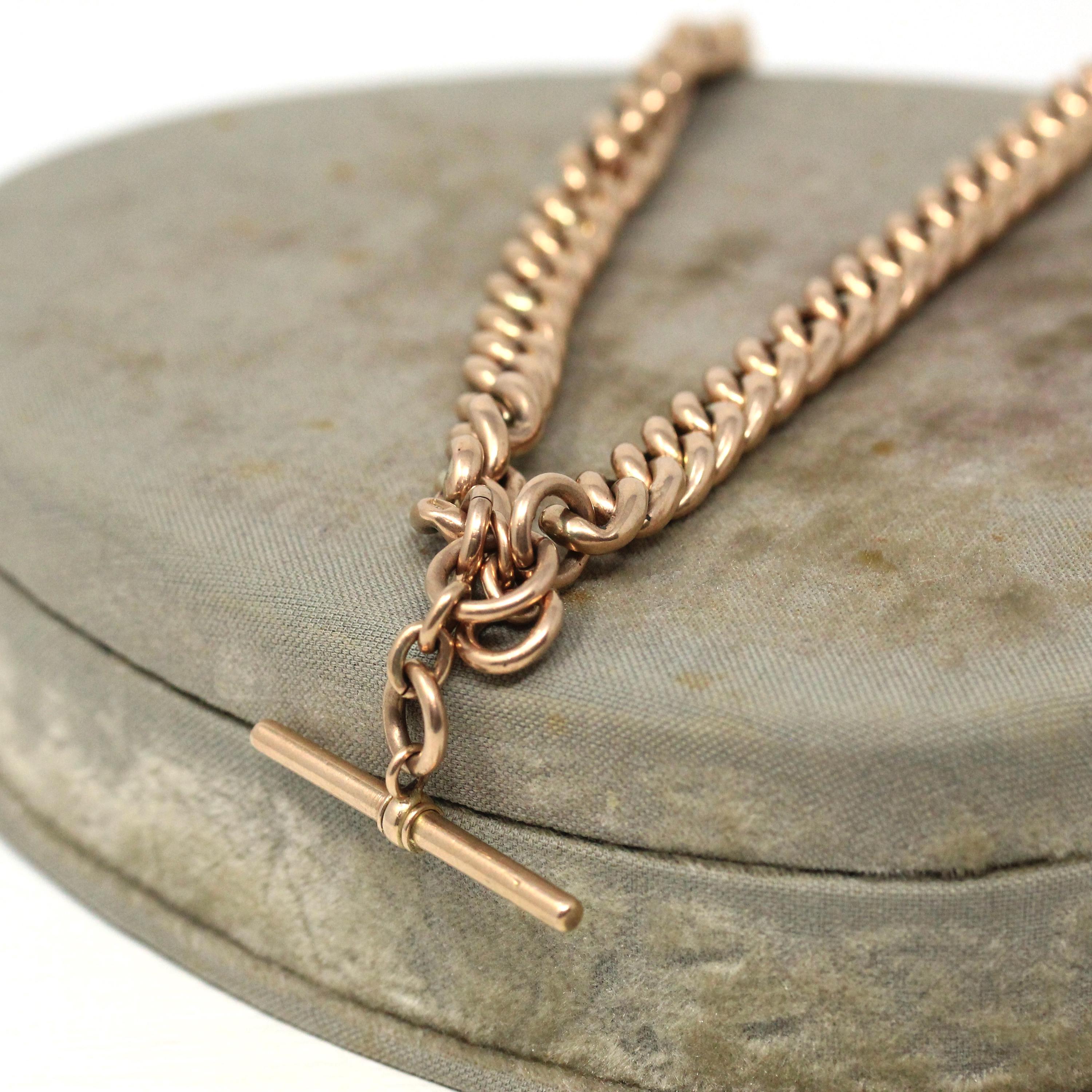 Pocket Watch Chain Necklace - Antique 9ct Rosy Yellow Gold T Bar Spring Ring Swivel Clip Choker - Edwardian Circa 1910s Chunky Fine Jewelry