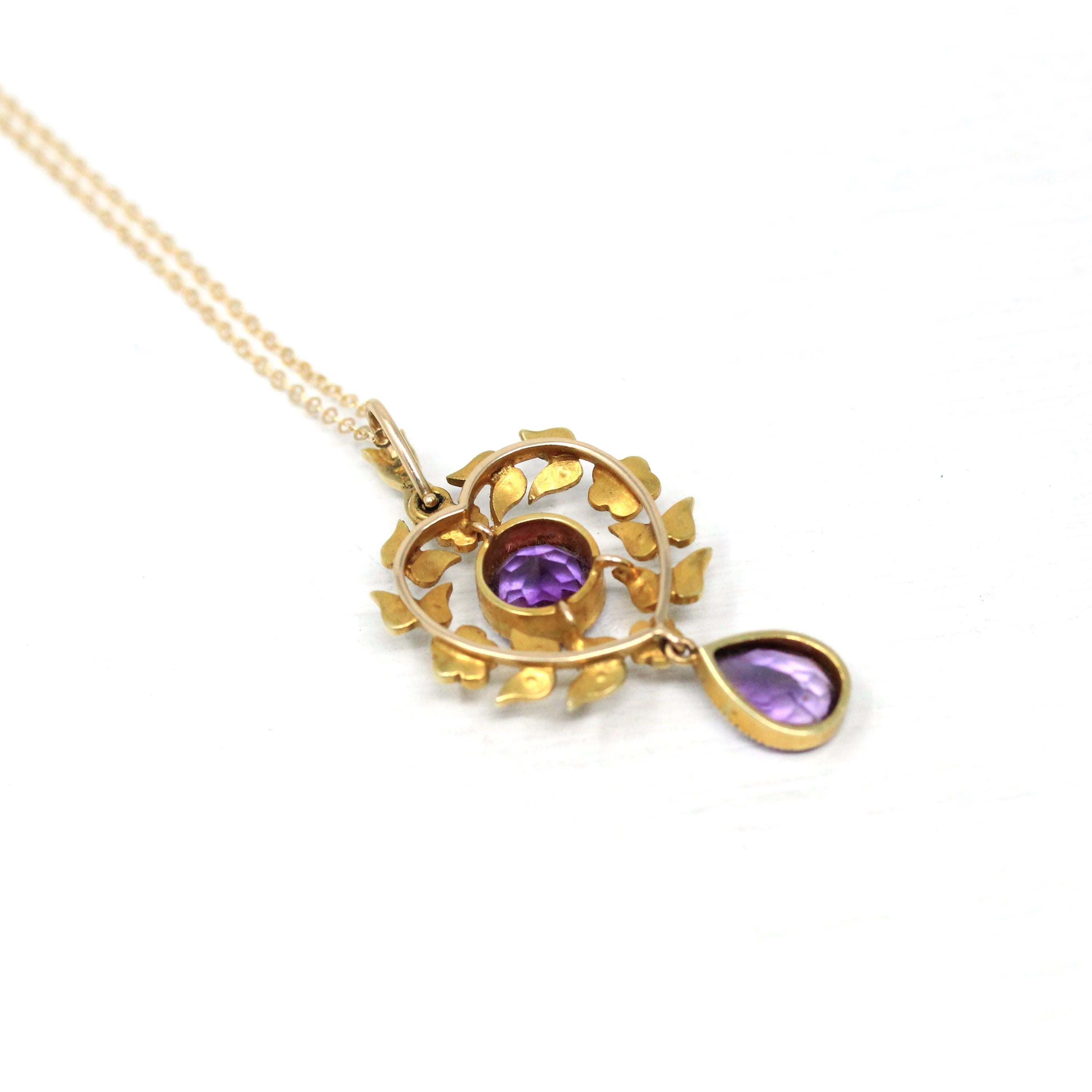 Antique Lavalier Necklace - Edwardian 15ct Gold Purple Amethyst Gemstones Pendant - Vintage Circa 1900s Seed Pearls Leaf Wreath Fine Jewelry