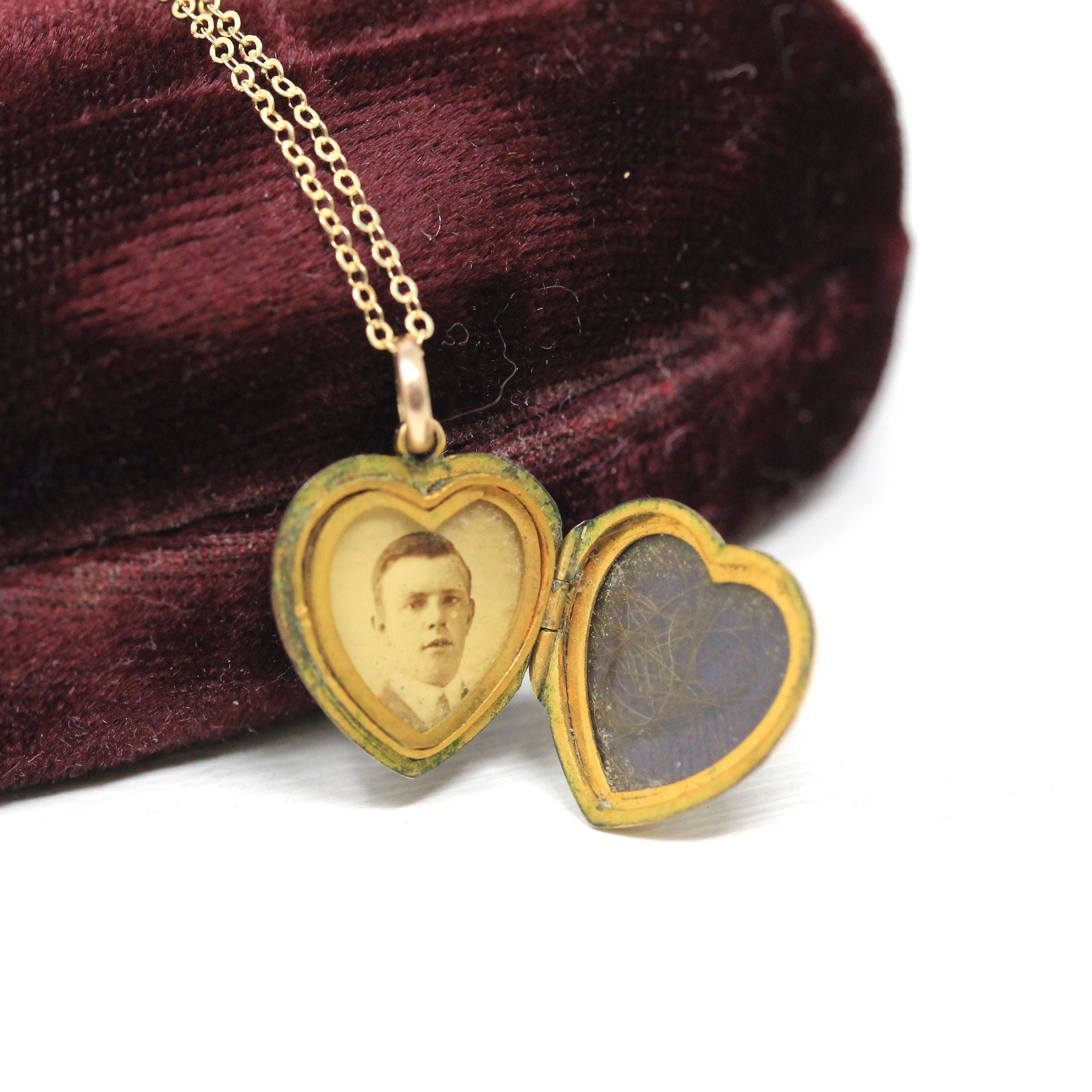 Antique Heart Locket - Edwardian 9k Rosy Yellow Gold Seed Pearl Leaf Pendant Necklace - Circa 1910s Era Keepsake Photograph Photo Jewelry