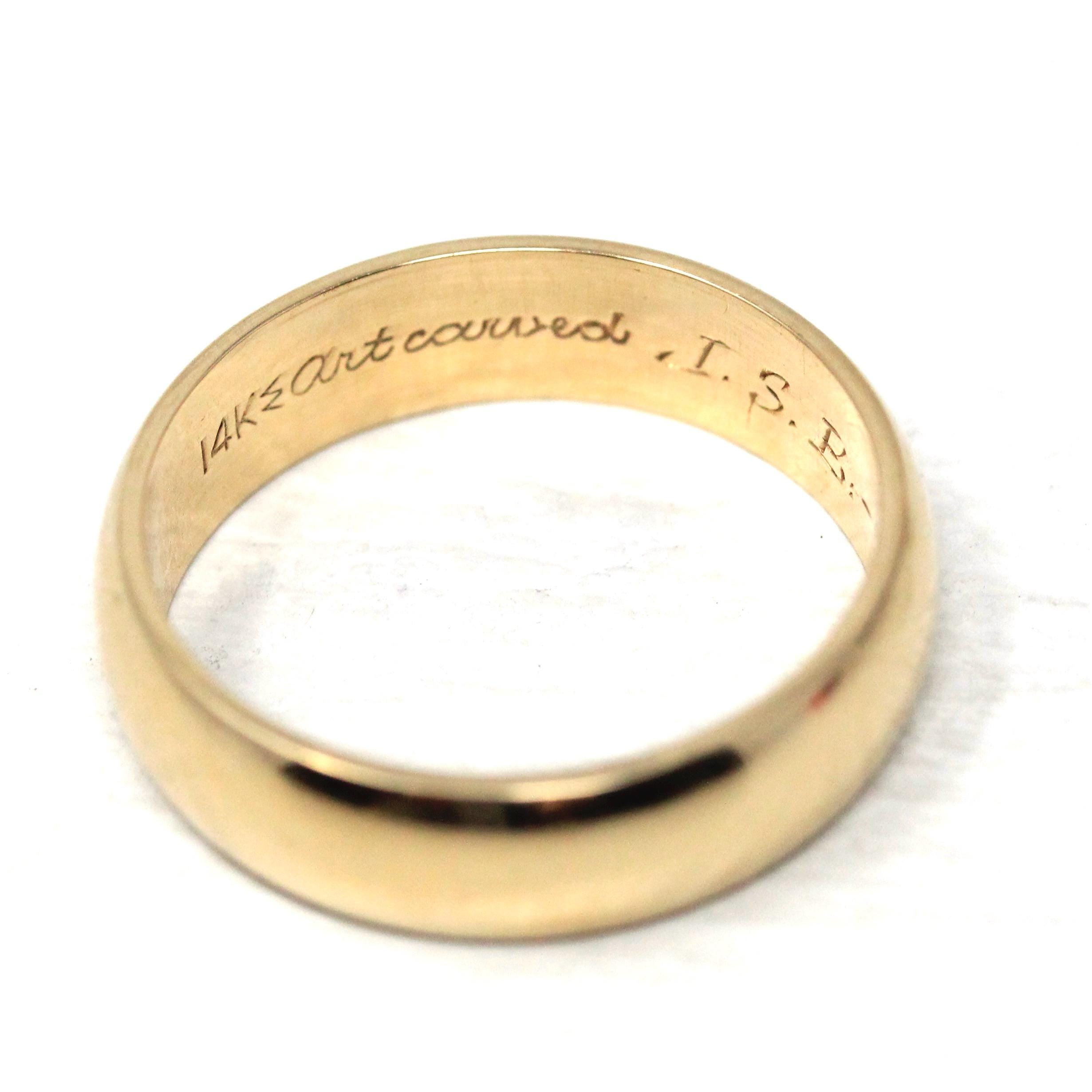 Vintage Wedding Band - Retro 14k Yellow Gold Engraved "JSB to BM" Bridal Ring - Size 8 1/2 Men's Unisex Fine Art Carved JR Wood Jewelry