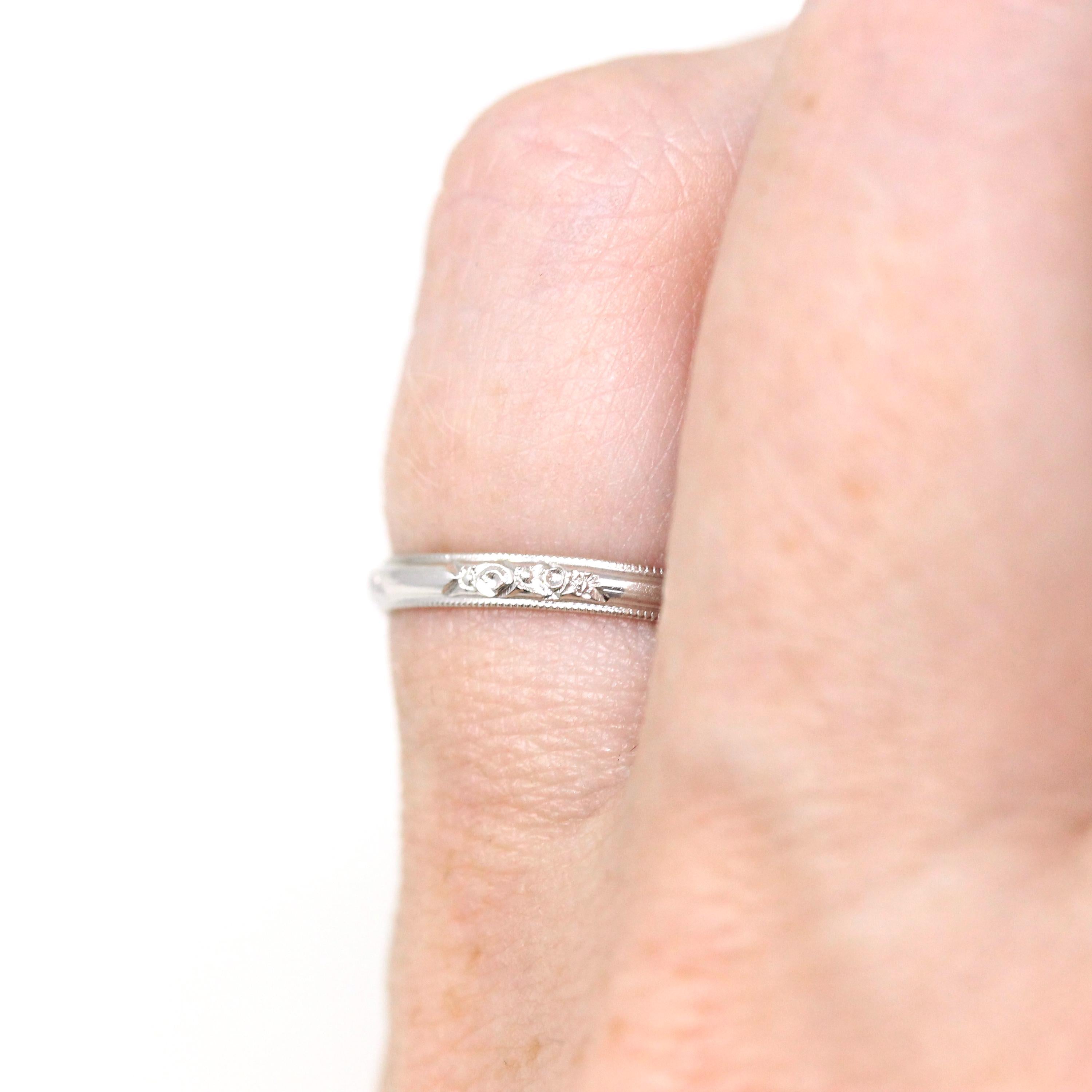 Antique Wedding Band - Retro 14k White Gold 2.07 MM Stationed Floral Design Ring - Circa 1940s Size 4 3/4 Stacking Bridal Fine 40s Jewelry