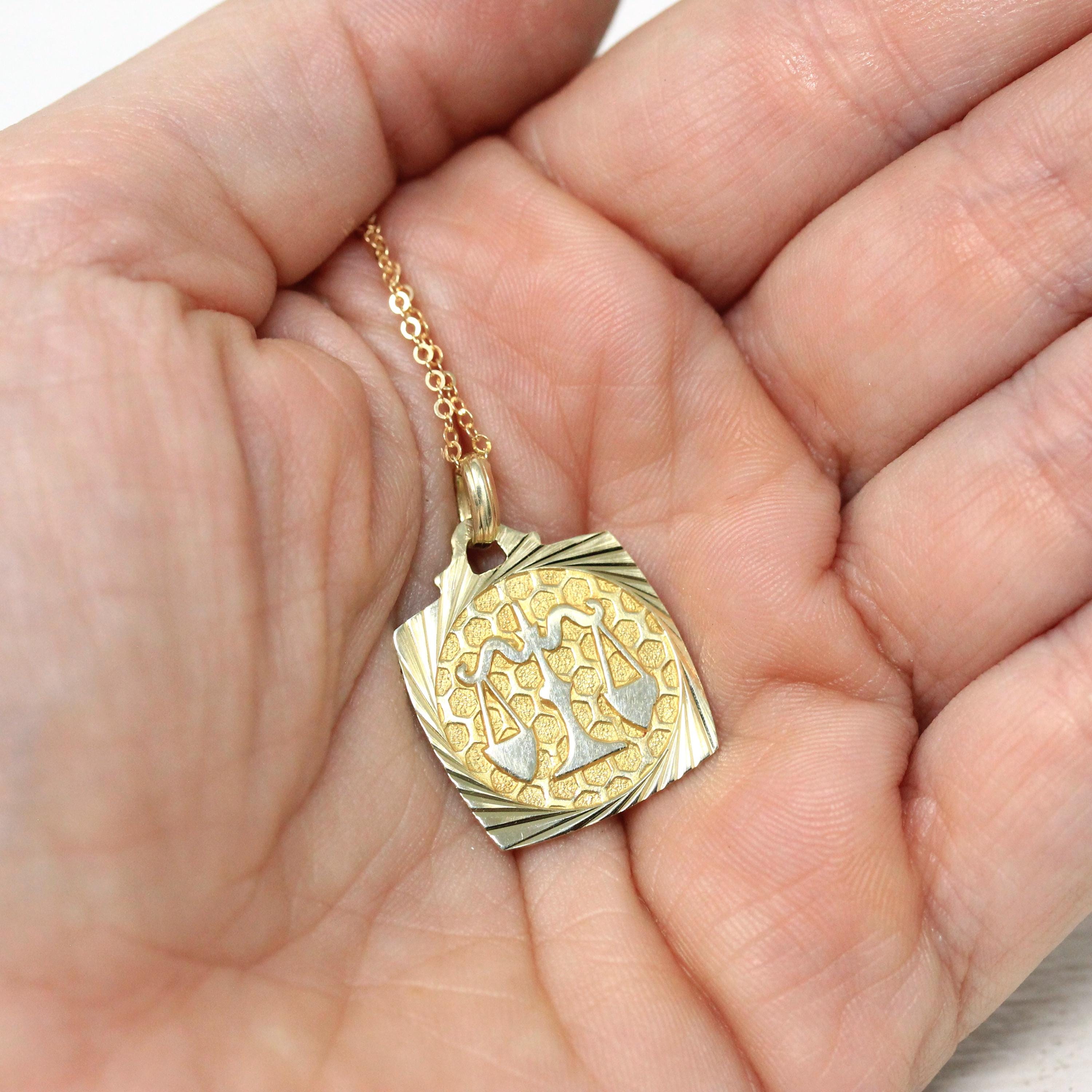 Estate Libra Charm - Modern 14k Yellow Gold Scales Astrological Sign Necklace Pendant - Circa 1990s Zodiac Celestial Air Element 90s Jewelry