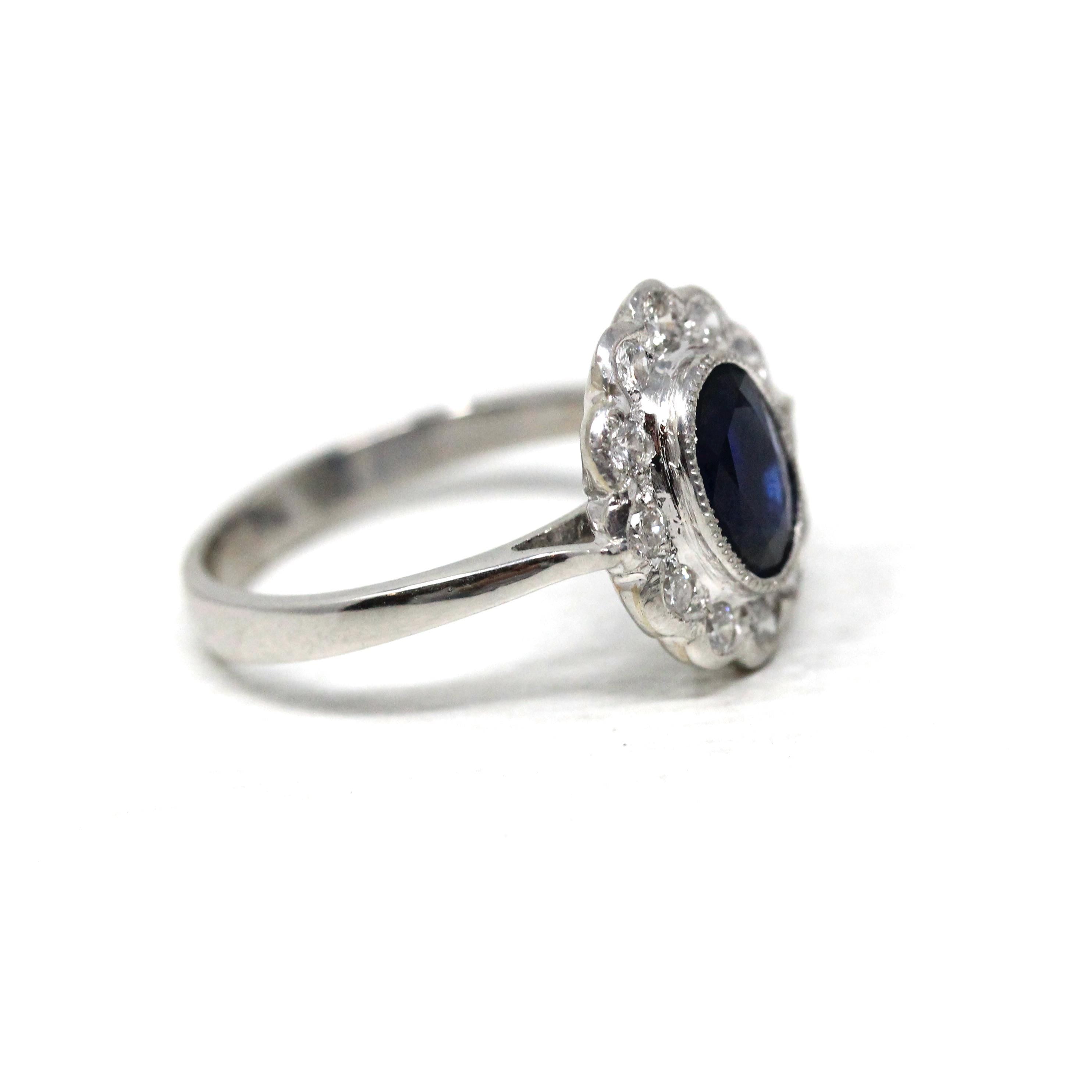 Sapphire & Diamond Ring - Estate Platinum Natural 1.20 CT Blue Oval .36 CTW Halo - Modern 2000s Engagement Fine Flower Report Y2K Jewelry