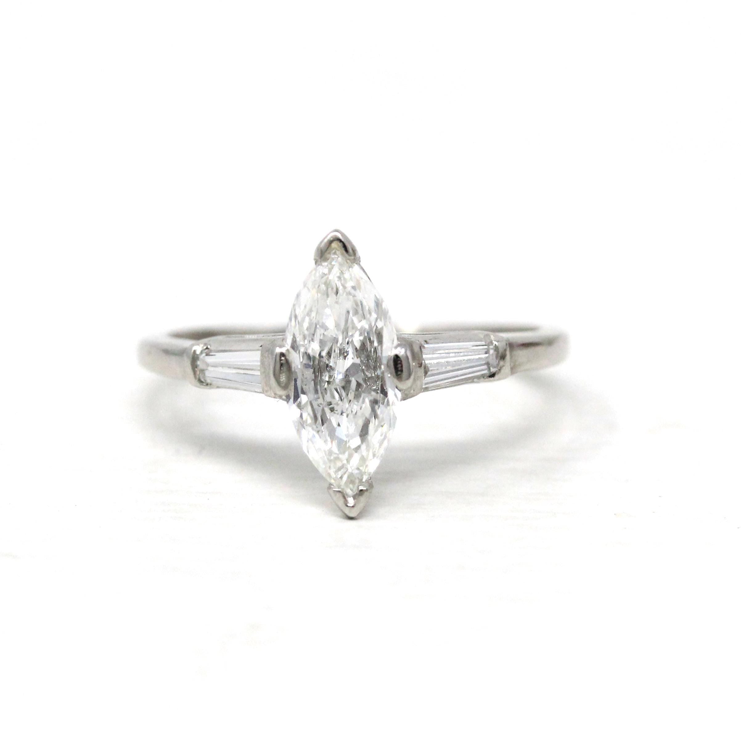 Marquise Engagement Ring - Vintage Platinum 1.26 CTW Natural Diamond - Circa 60s Size 8 Three Stone Baguettes Fine Bridal GIA Report Jewelry
