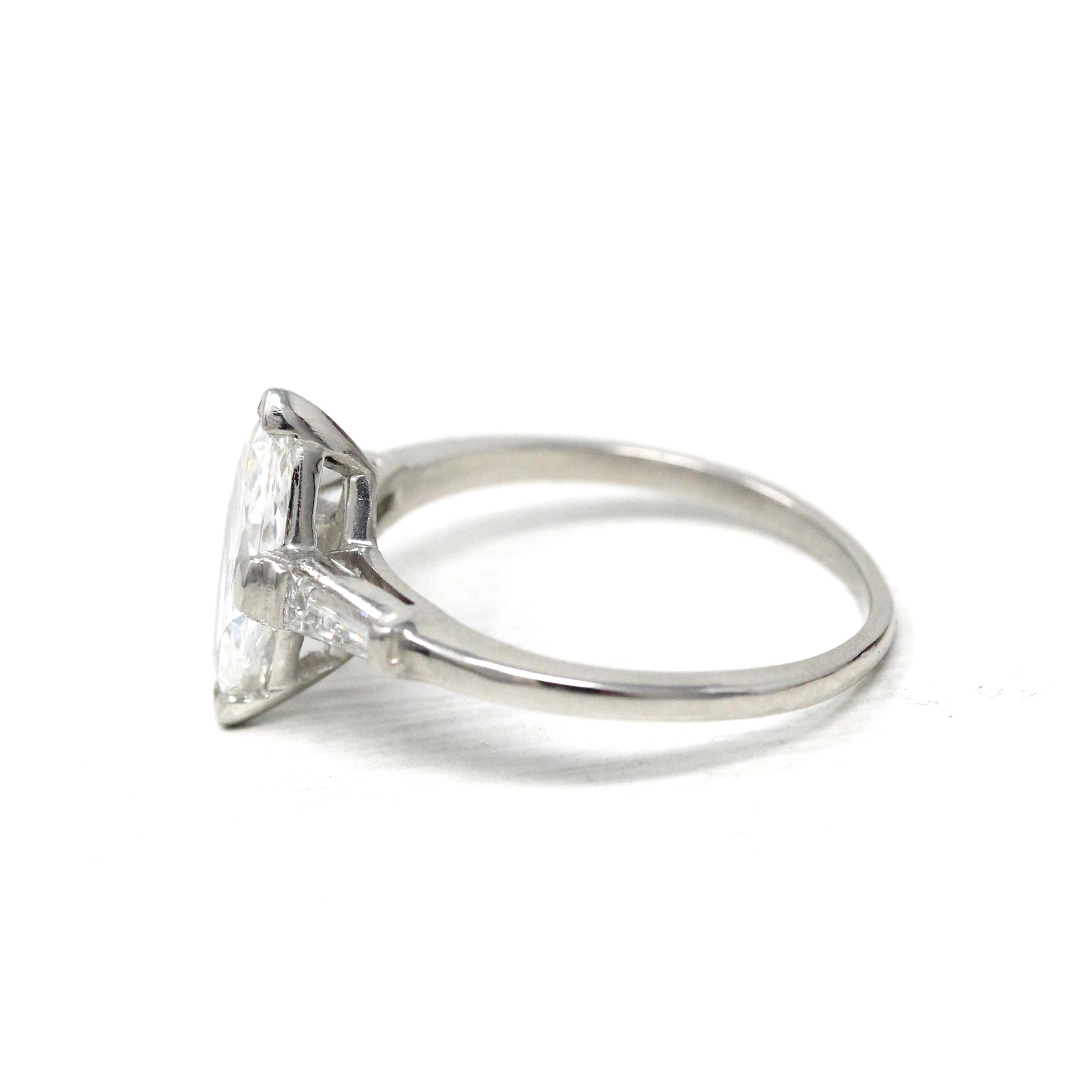 Marquise Engagement Ring - Vintage Platinum 1.26 CTW Natural Diamond - Circa 60s Size 8 Three Stone Baguettes Fine Bridal GIA Report Jewelry