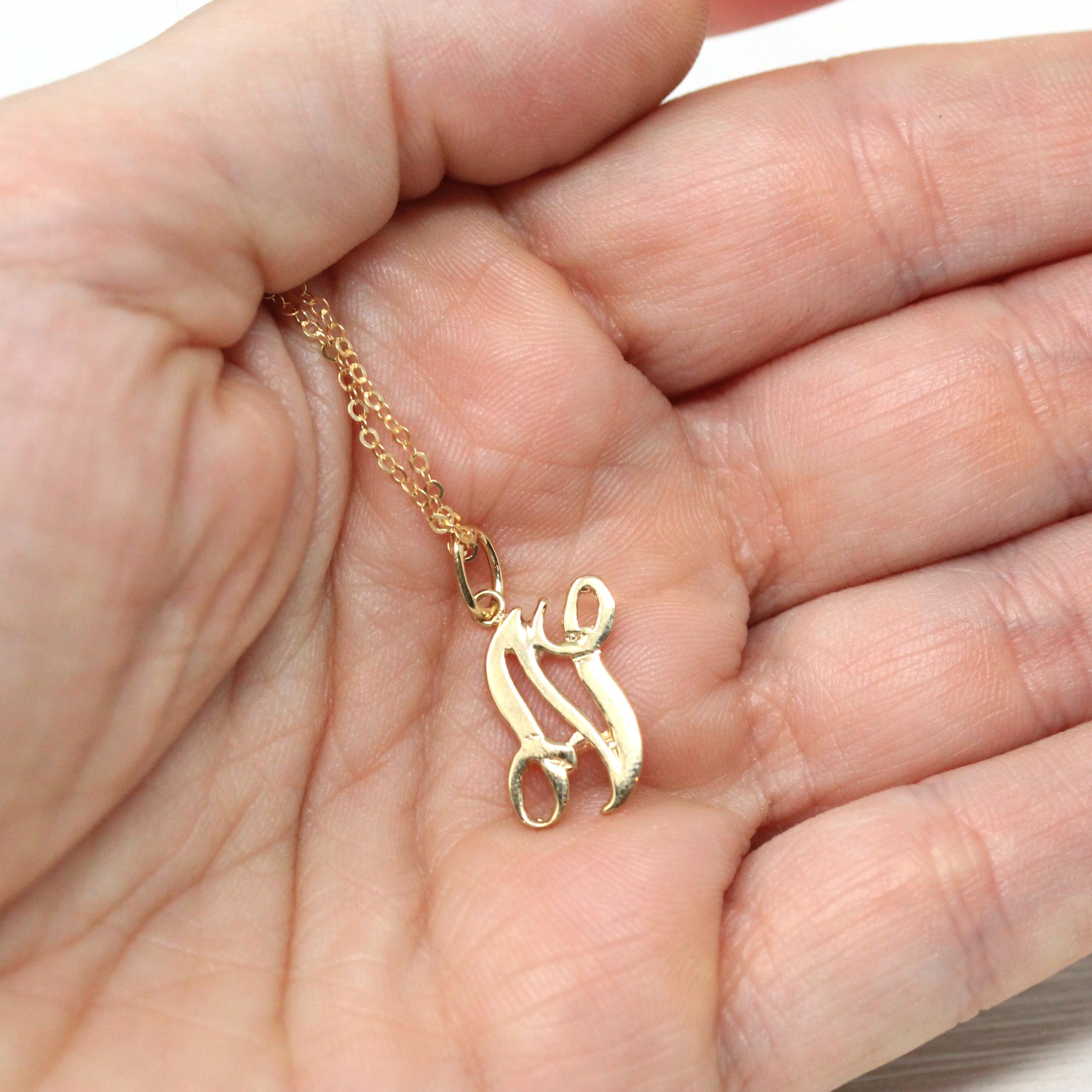 Letter "N" Charm - Estate 10k Yellow Gold Single Cursive Initial Necklace Pendant - Vintage Circa 1990s Era Petite Dainty Fine 90s Jewelry