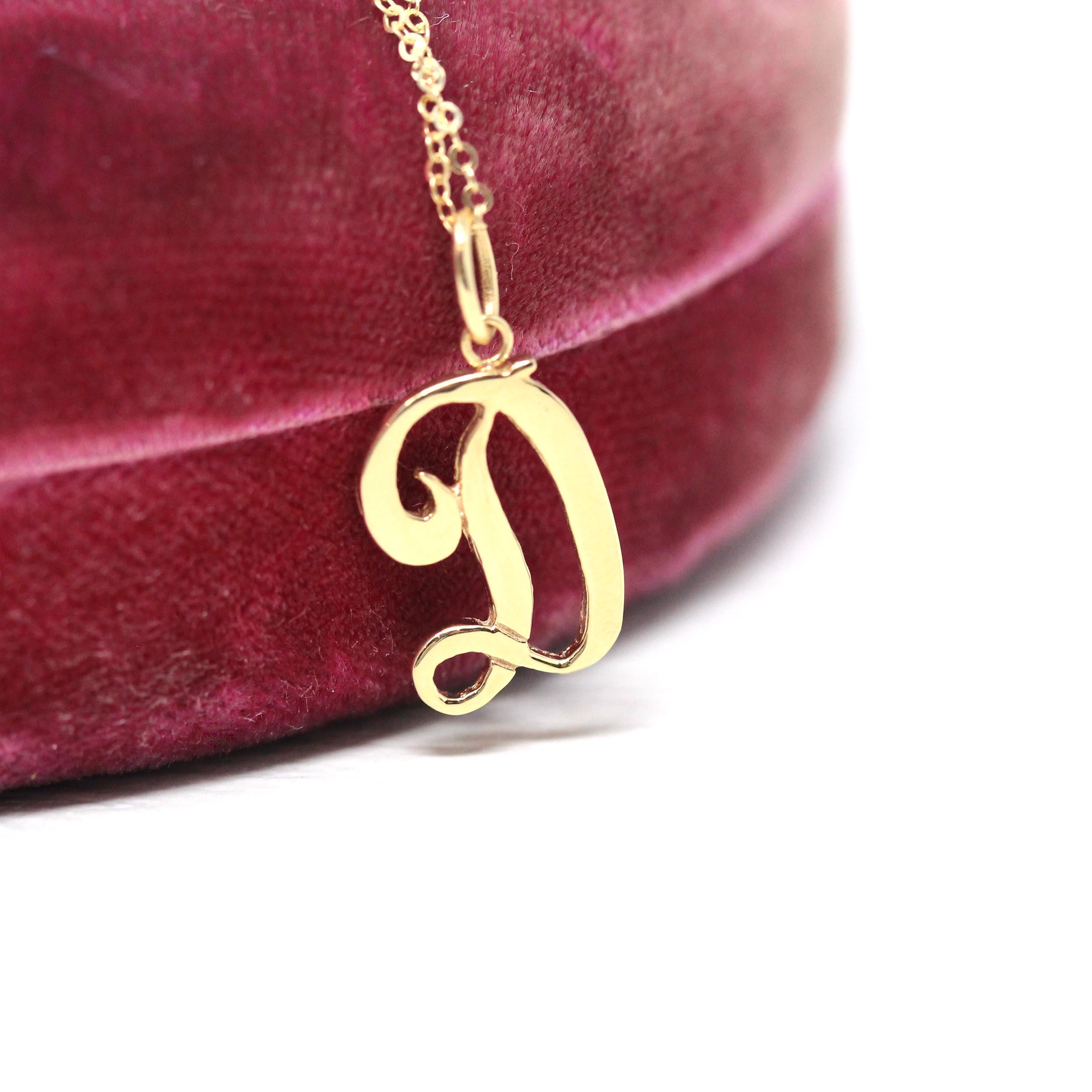 Letter "D" Charm - Estate 10k Yellow Gold Single Cursive Initial Necklace Pendant - Vintage Circa 1990s Era Petite Dainty Fine 90s Jewelry