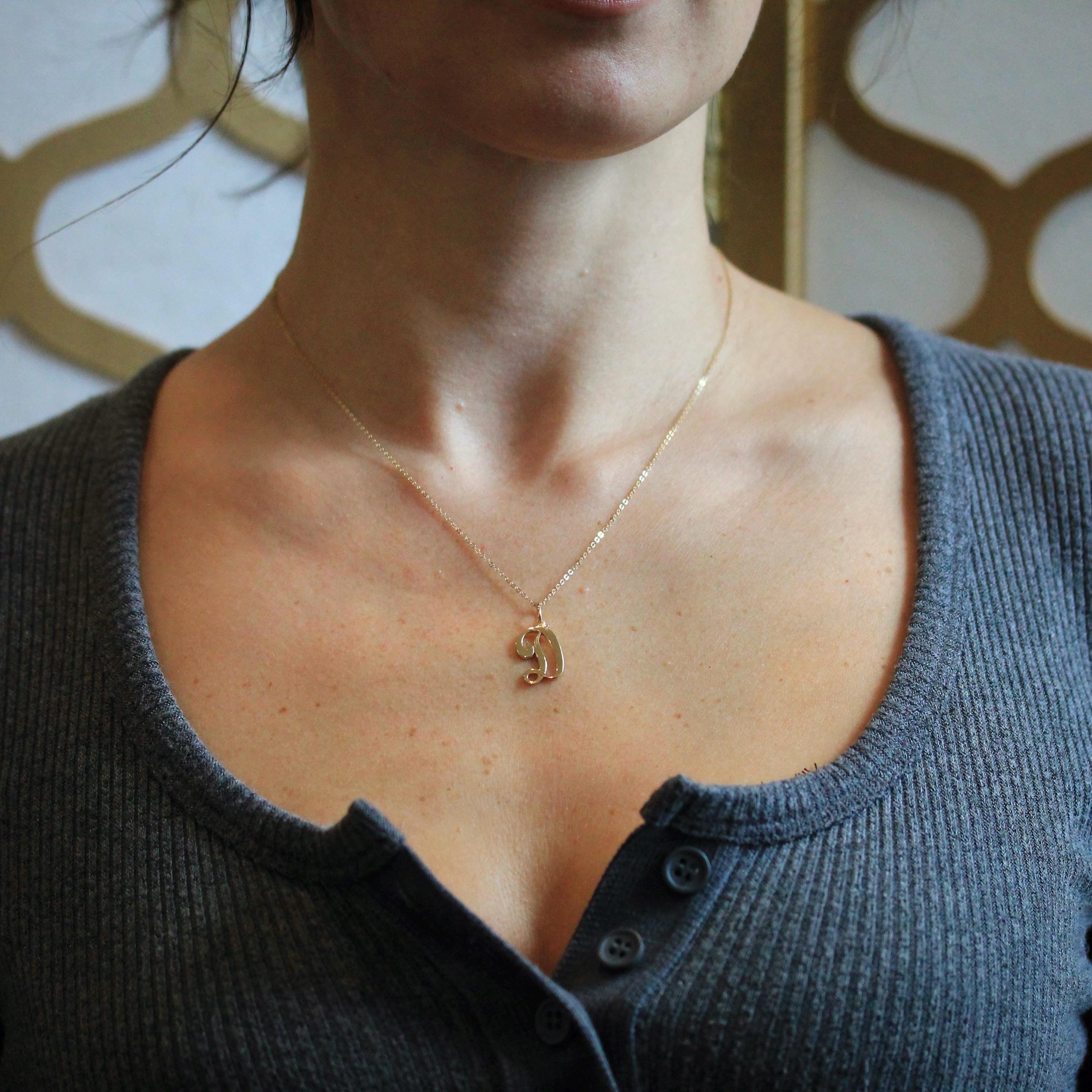 Letter "D" Charm - Estate 10k Yellow Gold Single Cursive Initial Necklace Pendant - Vintage Circa 1990s Era Petite Dainty Fine 90s Jewelry
