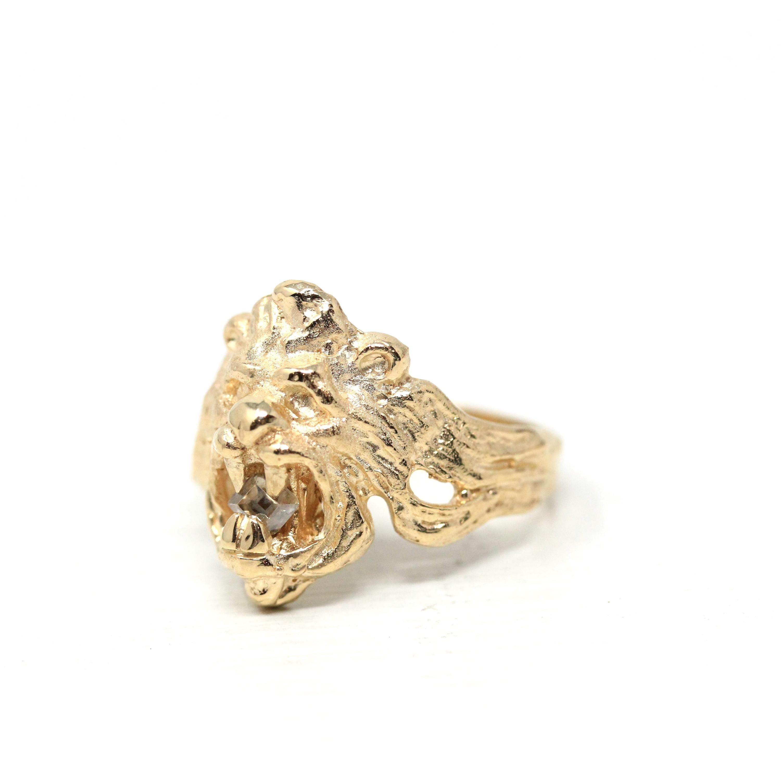 Estate Lion Ring - Modern 14k Yellow Gold Square Step Cut Natural Diamond Mouth - Circa 1990s Era Size 7 Statement Animal Big Cat Jewelry