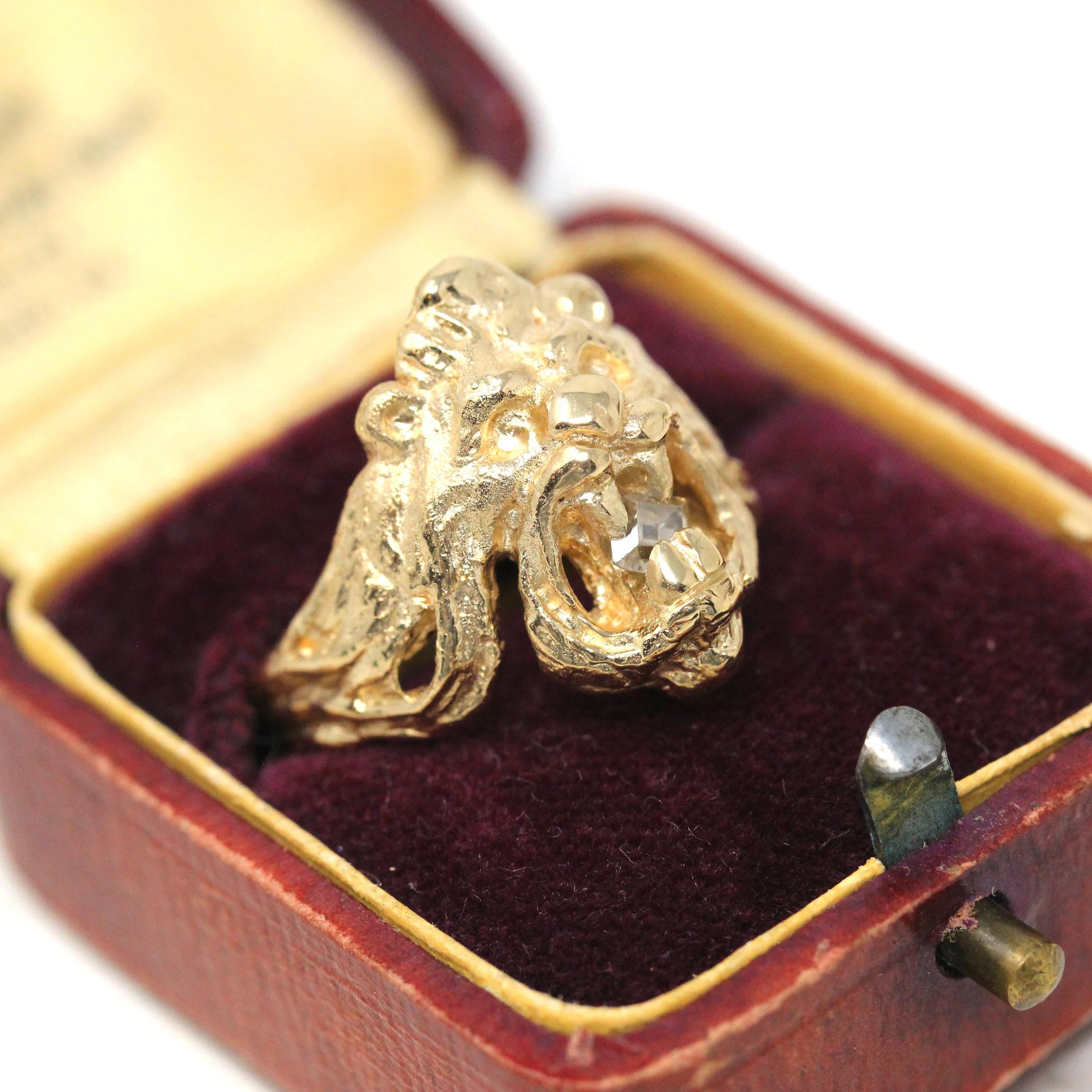Estate Lion Ring - Modern 14k Yellow Gold Square Step Cut Natural Diamond Mouth - Circa 1990s Era Size 7 Statement Animal Big Cat Jewelry