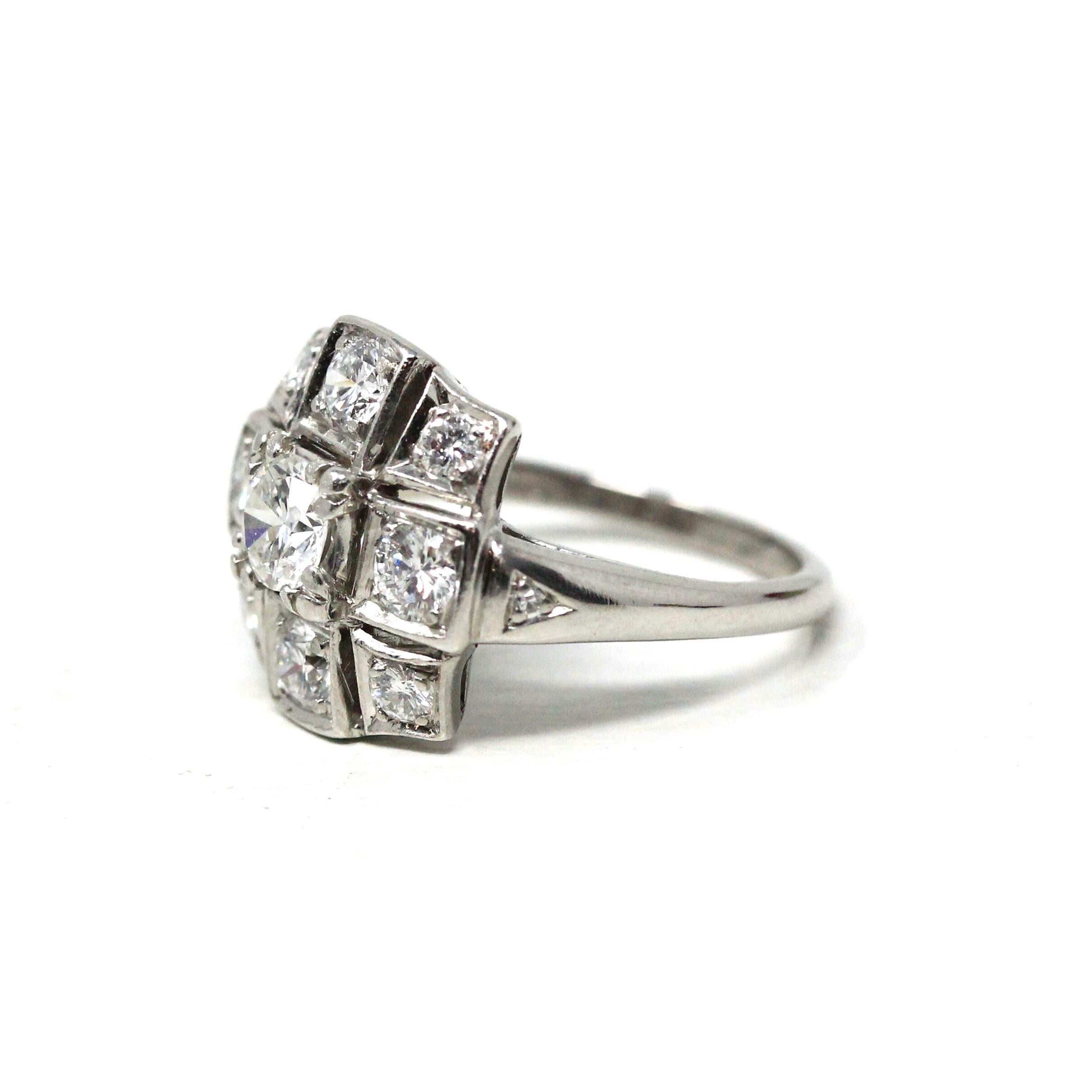 Vintage Diamond Ring - Mid Century Platinum .90 CTW Cluster Halo Engagement - Circa 50s Size 4 1/2 Fine Retro Era Bridal Band Report Jewelry