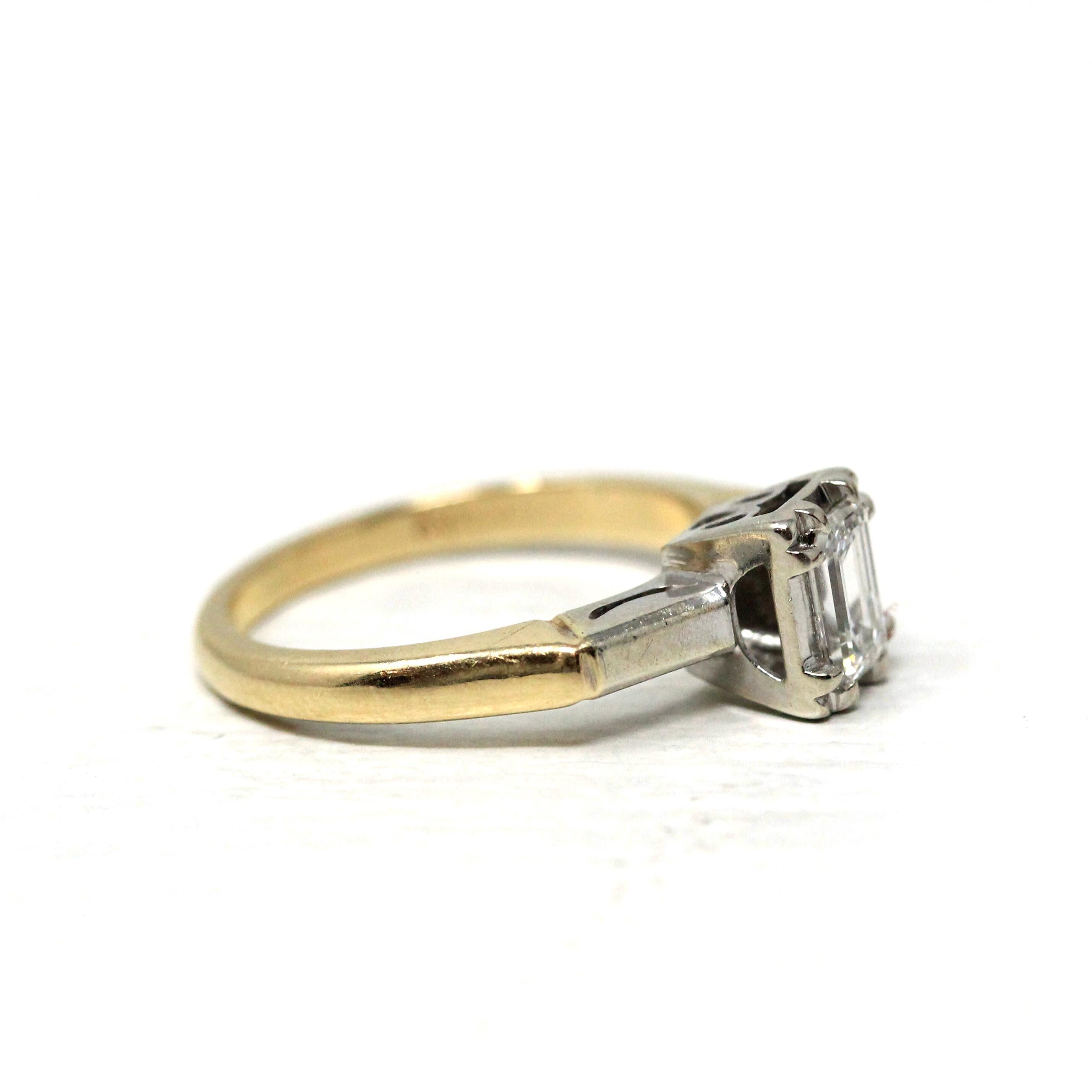 Diamond Engagement Ring - 14k Yellow & White Gold Natural .47 CT Emerald Cut - Size 4 1/4 Circa 1960s Retro Solitaire Fine Report Jewelry