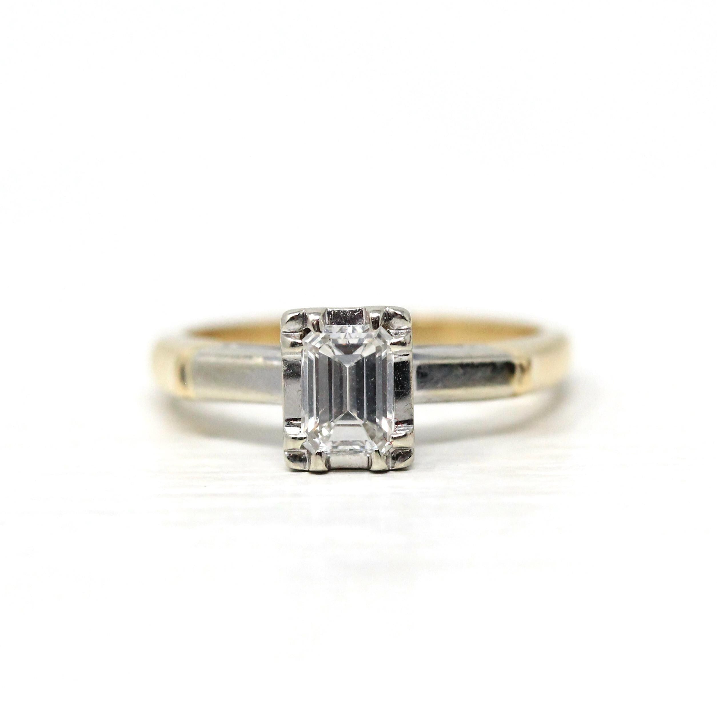 Diamond Engagement Ring - 14k Yellow & White Gold Natural .47 CT Emerald Cut - Size 4 1/4 Circa 1960s Retro Solitaire Fine Report Jewelry