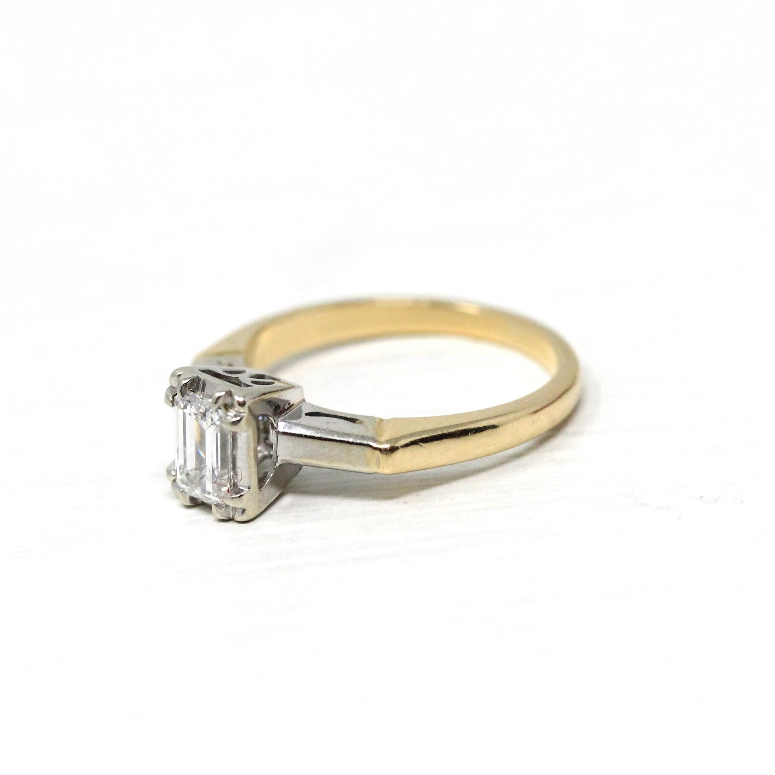 Diamond Engagement Ring - 14k Yellow & White Gold Natural .47 CT Emerald Cut - Size 4 1/4 Circa 1960s Retro Solitaire Fine Report Jewelry