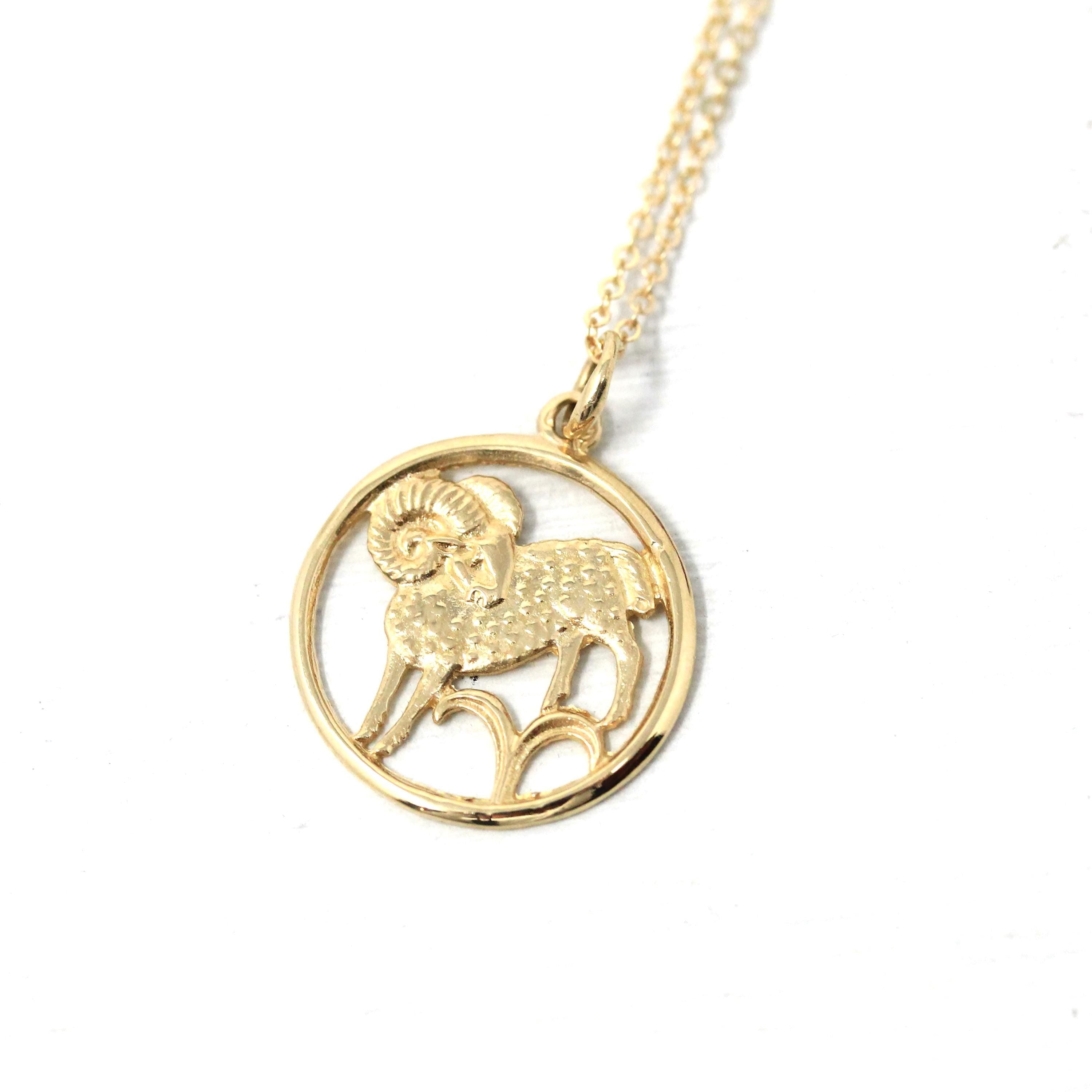Estate Aries Pendant - Modern 14k Yellow Gold Ram Astrological Sign Necklace Charm - Circa 1990s Zodiac Celestial Fire Element Fine Jewelry