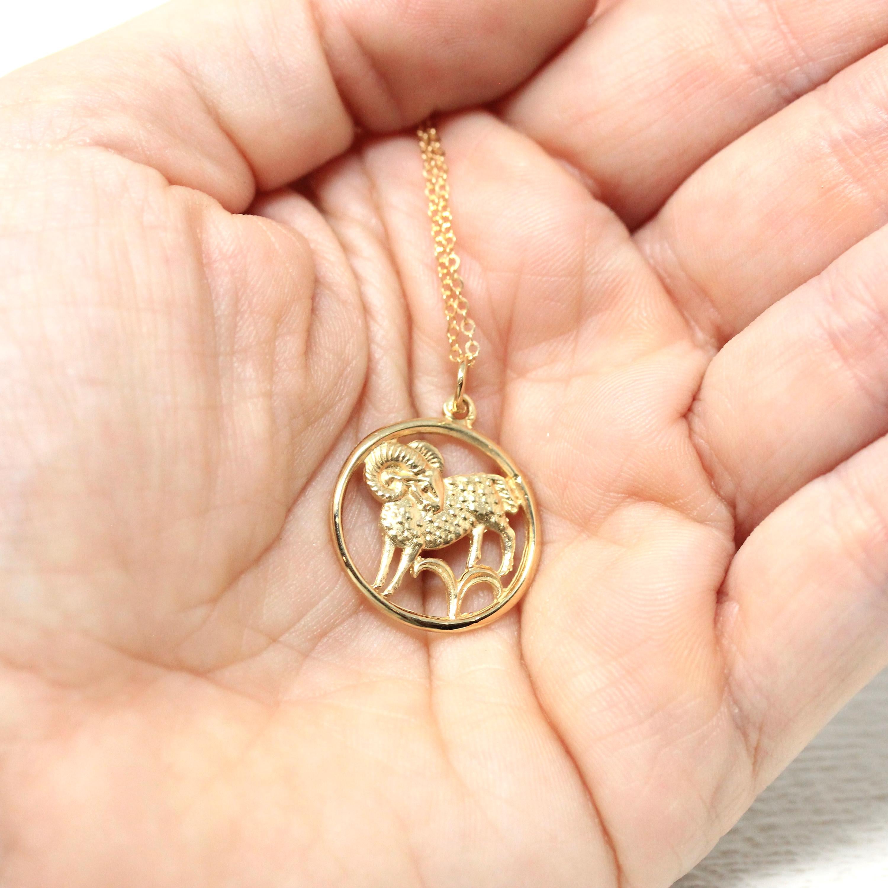 Estate Aries Pendant - Modern 14k Yellow Gold Ram Astrological Sign Necklace Charm - Circa 1990s Zodiac Celestial Fire Element Fine Jewelry