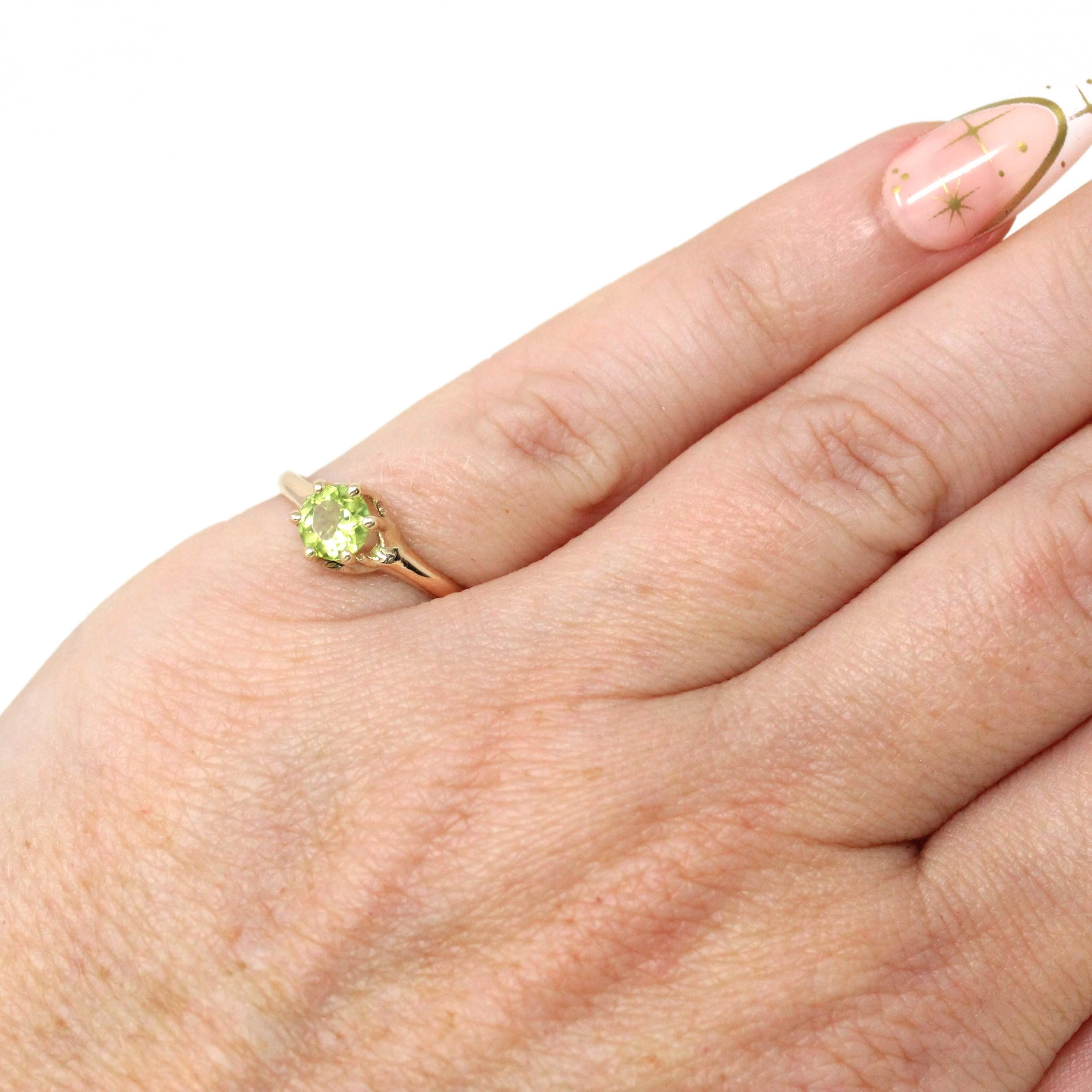 Peridot Solitaire Ring - Retro 10k Yellow Gold Genuine Green Gemstone - Vintage Circa 1940s Era Size 3 3/4 Fine August Birthstone Jewelry