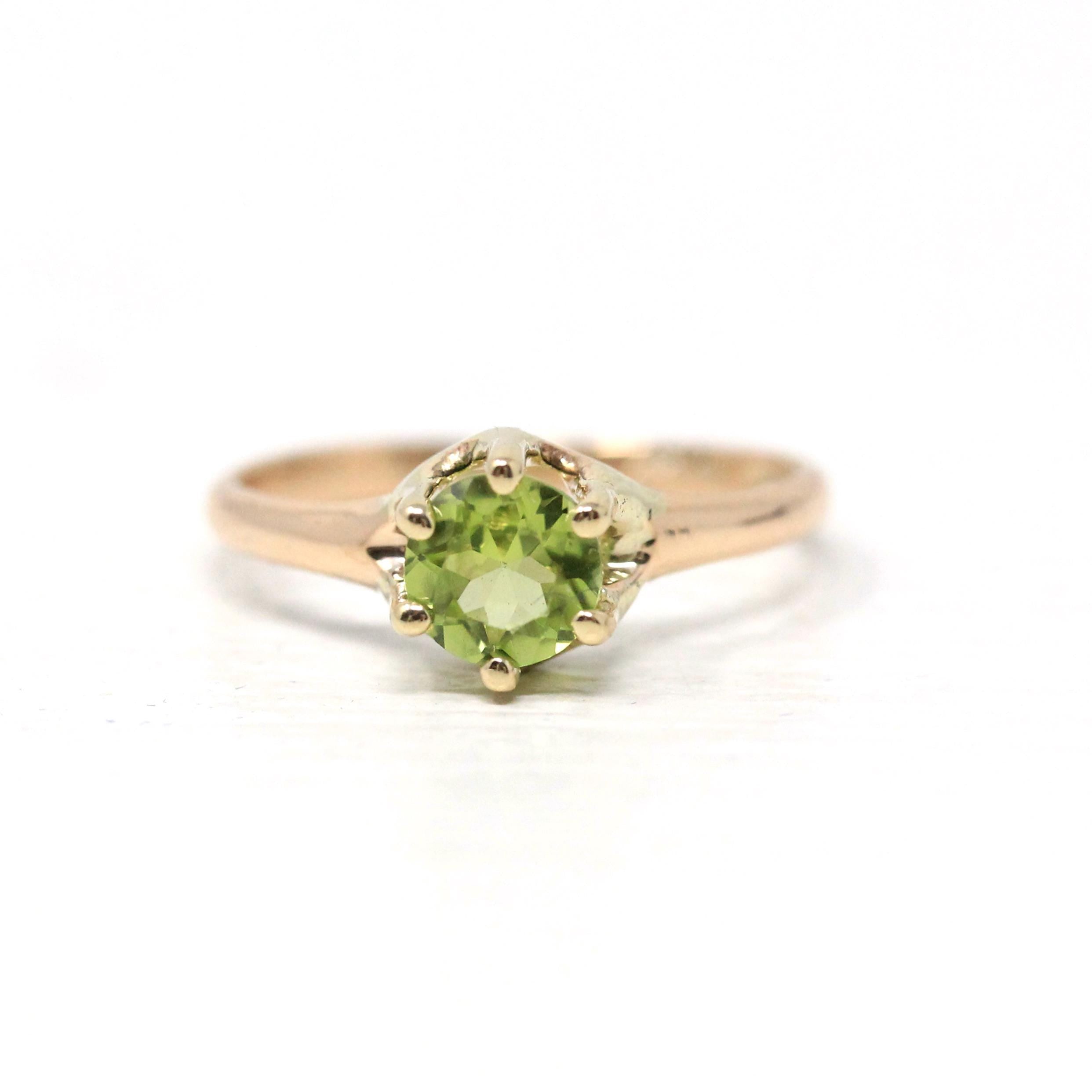 Peridot Solitaire Ring - Retro 10k Yellow Gold Genuine Green Gemstone - Vintage Circa 1940s Era Size 3 3/4 Fine August Birthstone Jewelry