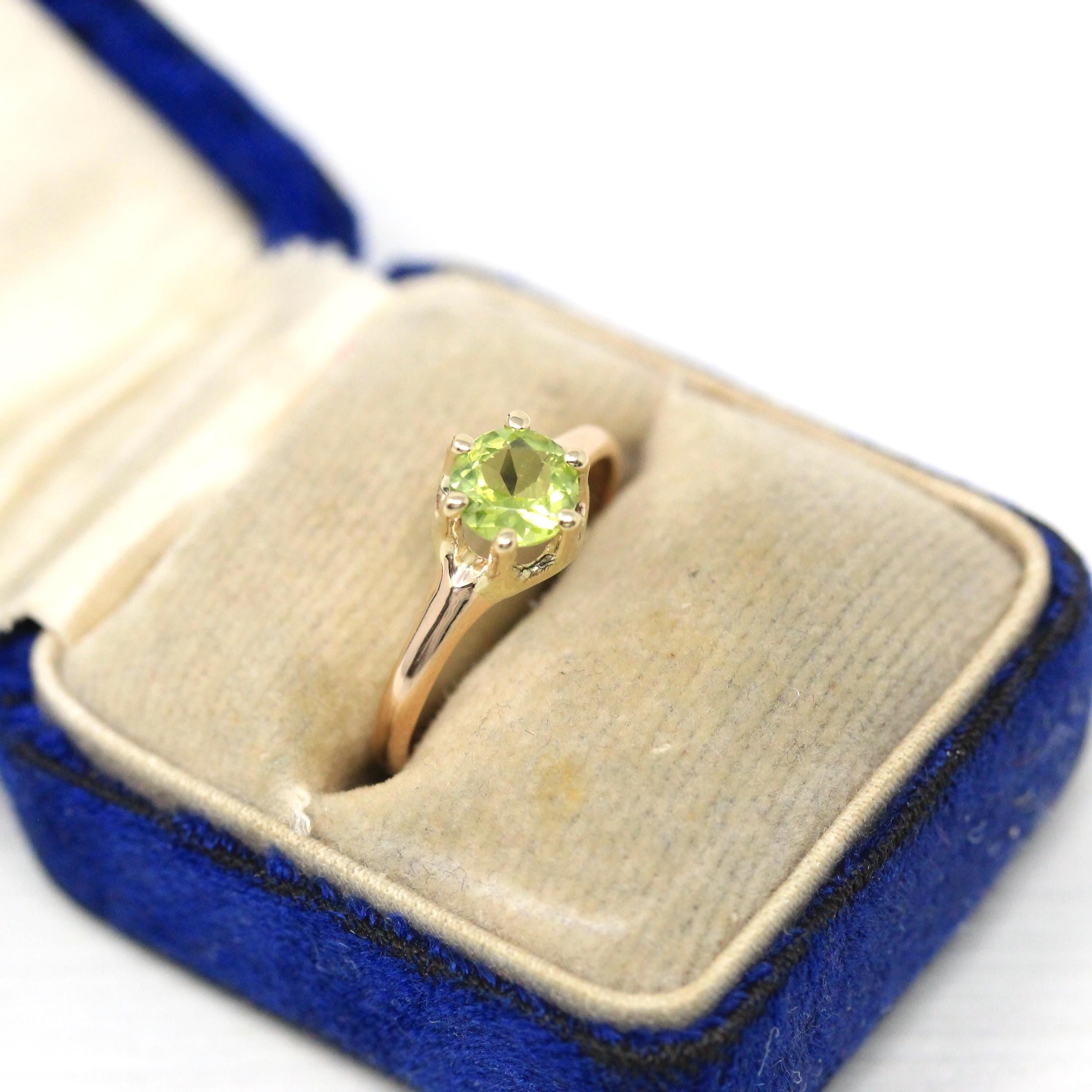 Peridot Solitaire Ring - Retro 10k Yellow Gold Genuine Green Gemstone - Vintage Circa 1940s Era Size 3 3/4 Fine August Birthstone Jewelry
