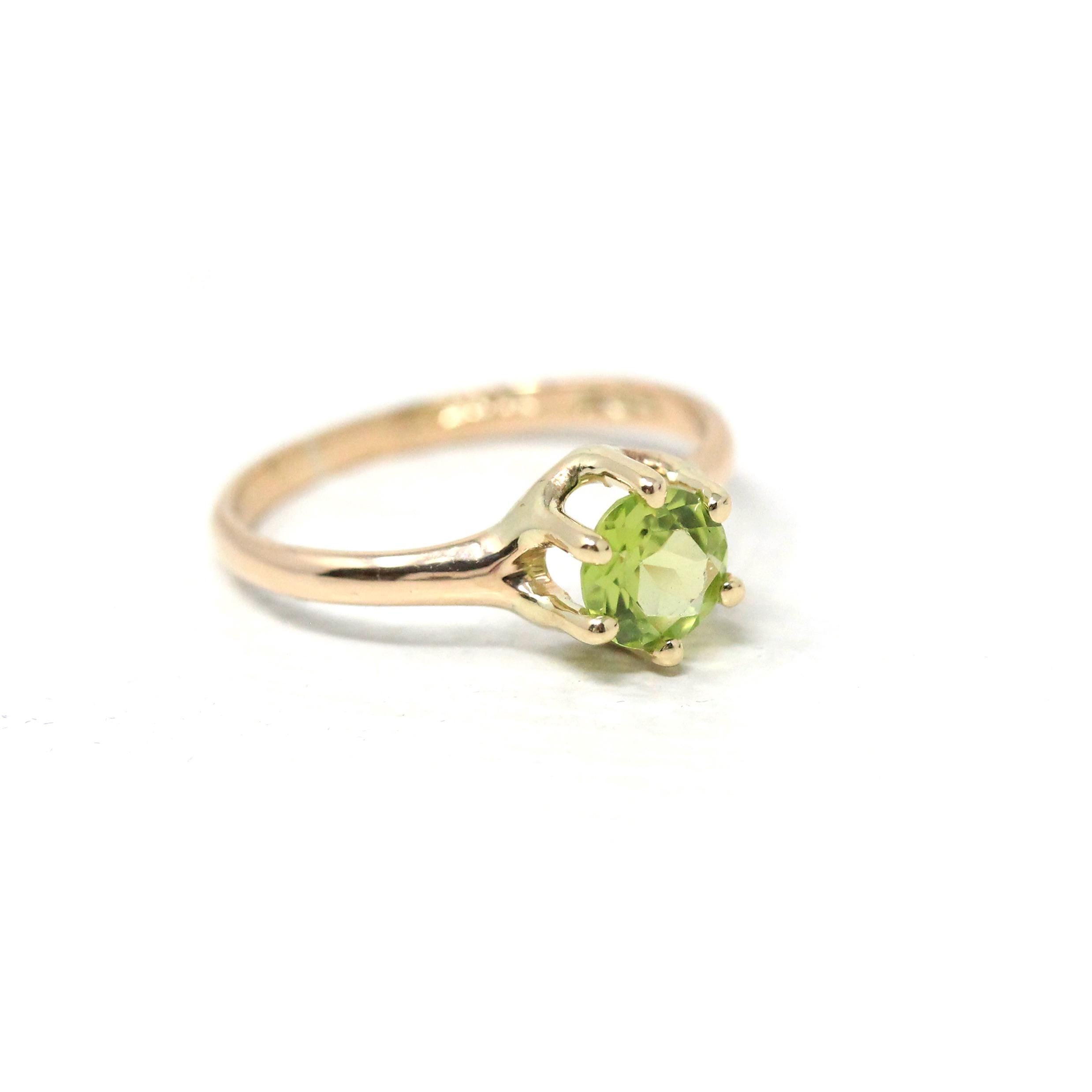 Peridot Solitaire Ring - Retro 10k Yellow Gold Genuine Green Gemstone - Vintage Circa 1940s Era Size 3 3/4 Fine August Birthstone Jewelry