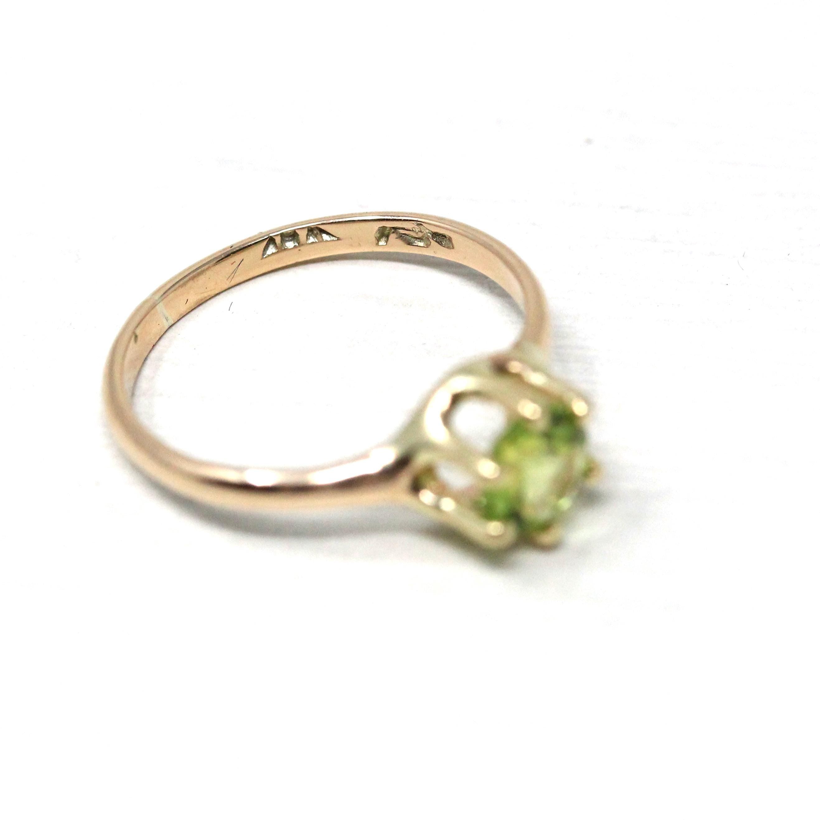 Peridot Solitaire Ring - Retro 10k Yellow Gold Genuine Green Gemstone - Vintage Circa 1940s Era Size 3 3/4 Fine August Birthstone Jewelry