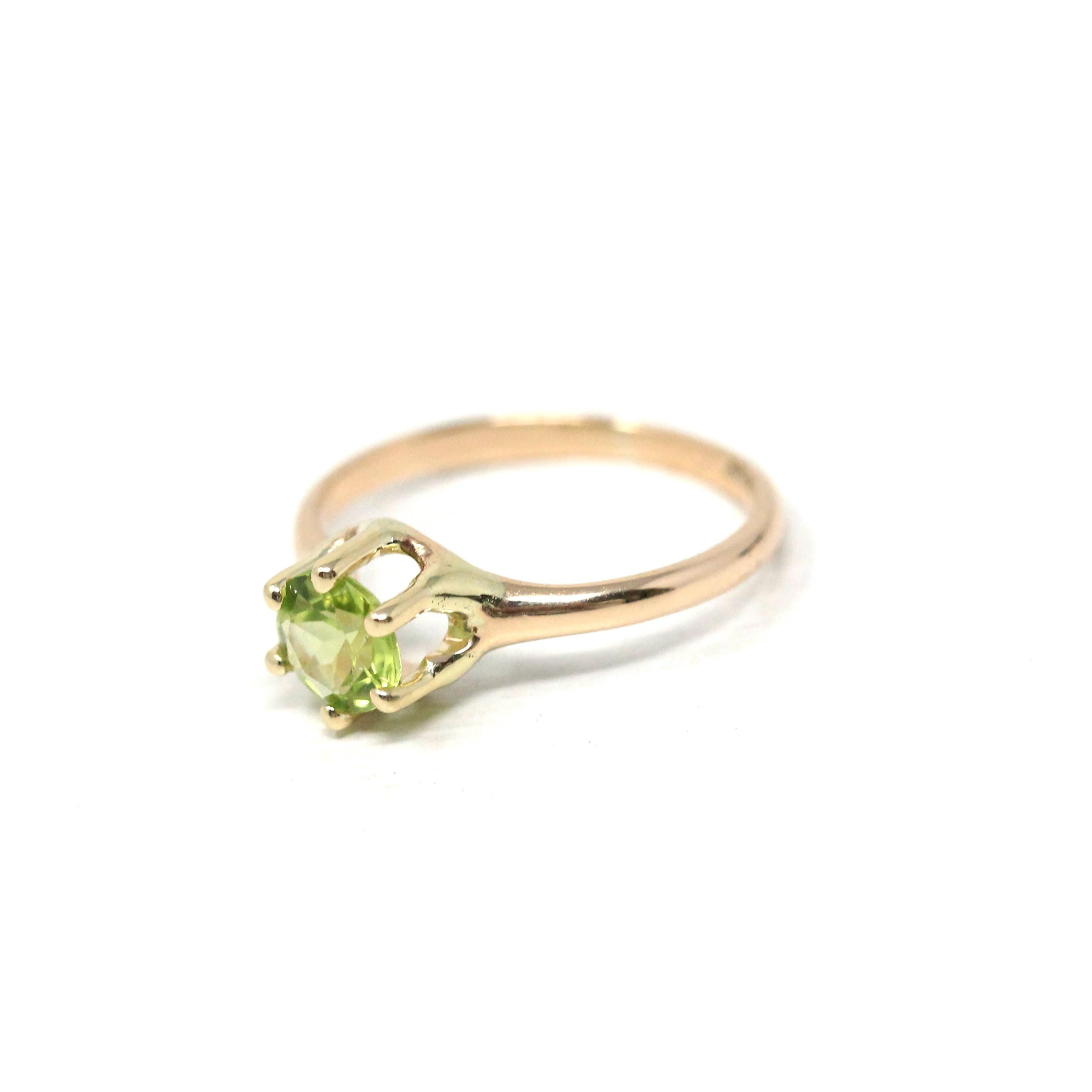Peridot Solitaire Ring - Retro 10k Yellow Gold Genuine Green Gemstone - Vintage Circa 1940s Era Size 3 3/4 Fine August Birthstone Jewelry