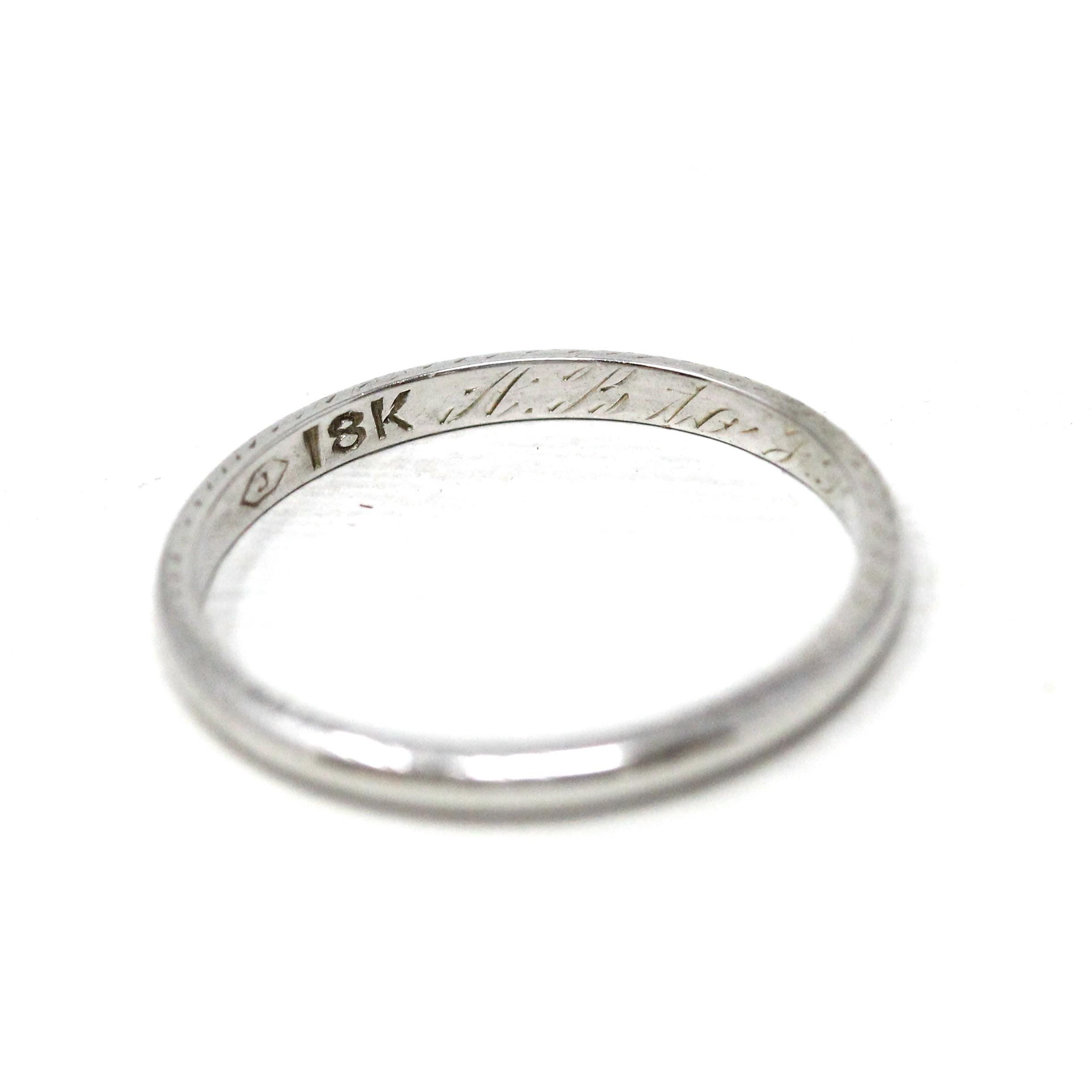 Art Deco Wedding Band - Vintage Era 18k White Gold Eternity Wheat Design Ring - Dated 1929 Size 4 3/4 Wedding Bridal Stacking Fine Jewelry