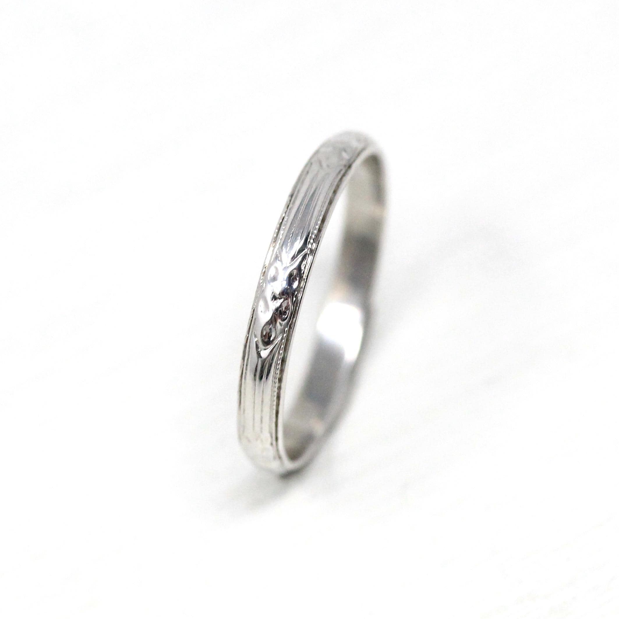 Art Deco Wedding Band - Vintage 18k White Gold Orange Blossom Eternity Ring - Circa 1930s Era Size 5 Bridal Stacking Fine 30s Floral Jewelry
