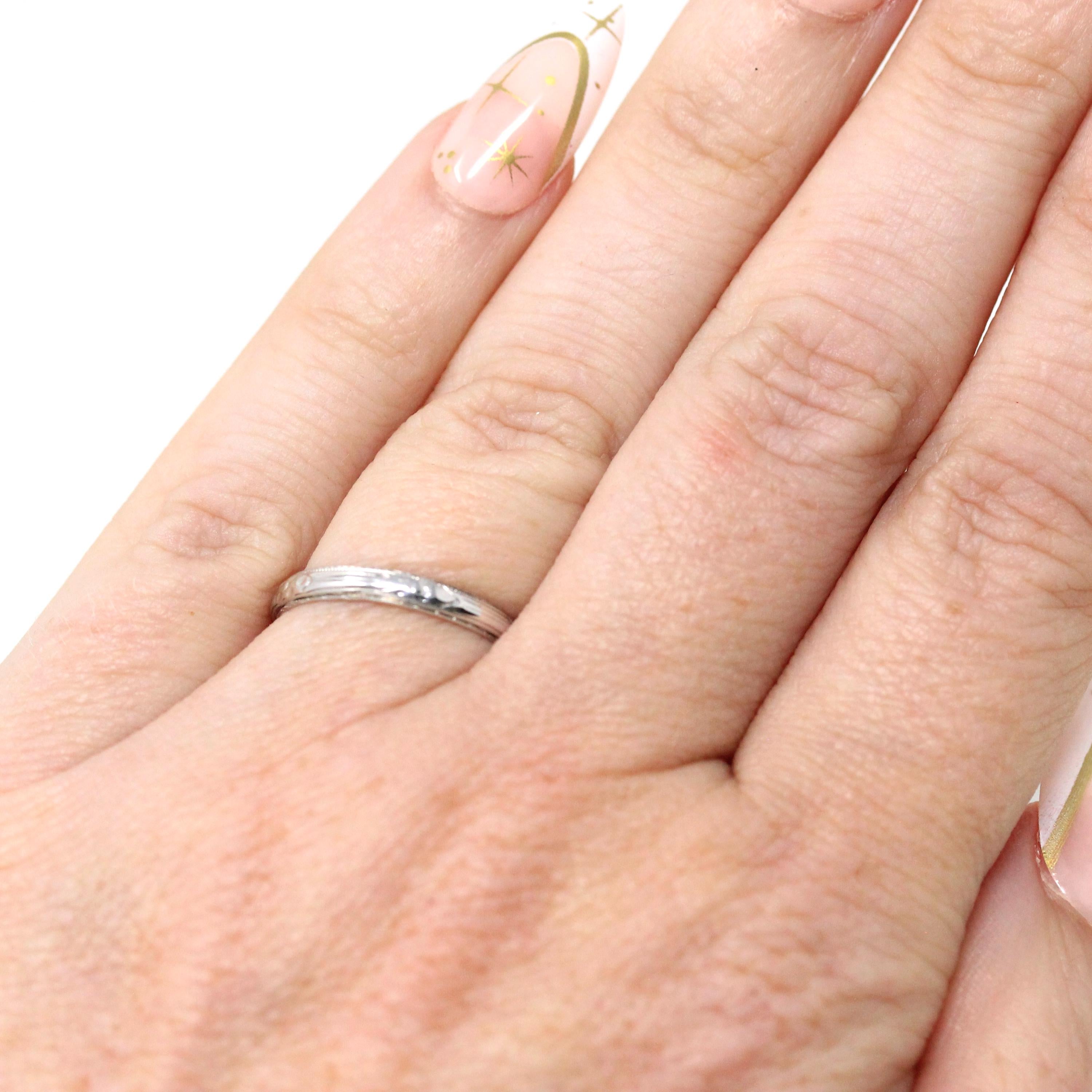 Art Deco Wedding Band - Vintage 18k White Gold Orange Blossom Eternity Ring - Circa 1930s Era Size 5 Bridal Stacking Fine 30s Floral Jewelry