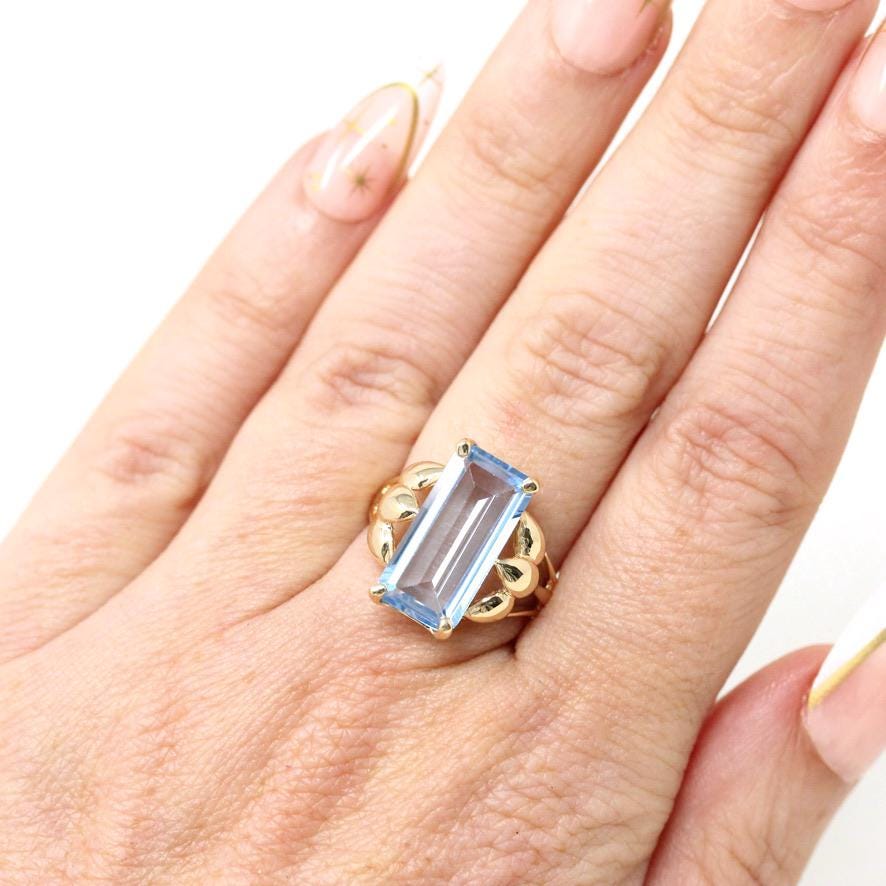 Retro Created Spinel Ring - Vintage 14k Yellow Gold Rectangular Emerald Cut Blue Gemstone - Circa 1960s Era Size 5 1/4 Leaf Fine 60s Jewelry