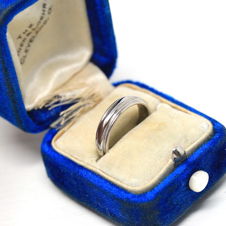 Vintage Wedding Band - Retro 14k White Gold Milgrain Grooved Men's Unisex Ring - Circa 1963 Era Size 4 1/2 Stacking 60s Fine Bridal Jewelry