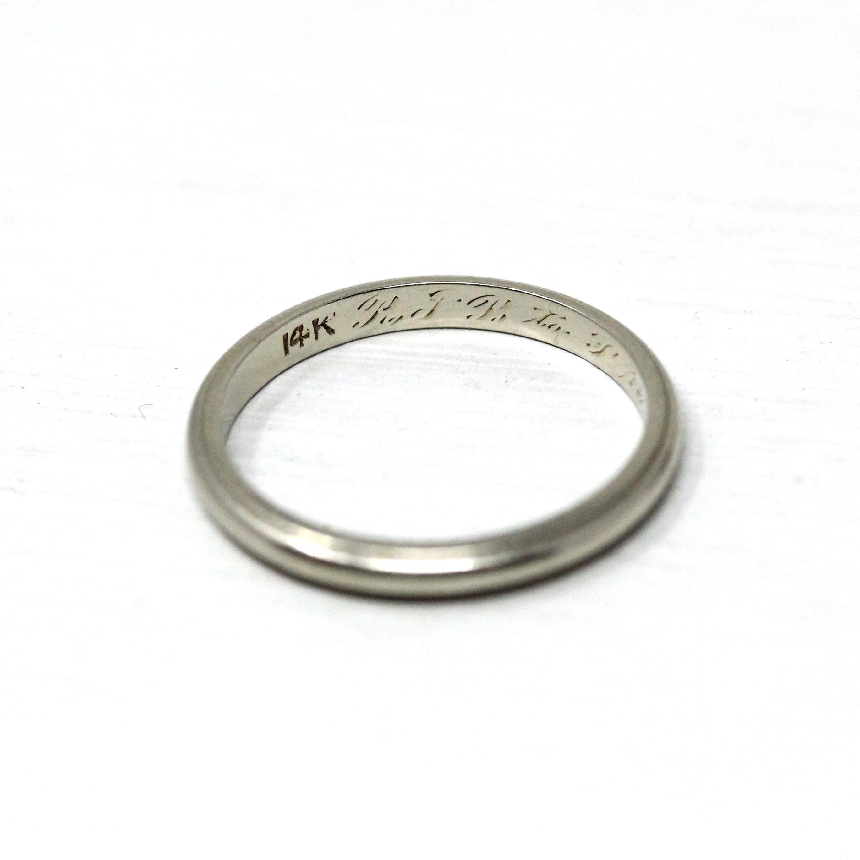 Vintage Wedding Band - Mid Century 14k White Gold Milgrain Plain Stacking Ring with Inscription - Circa late 40s Size 6 Bridal Fine Jewelry
