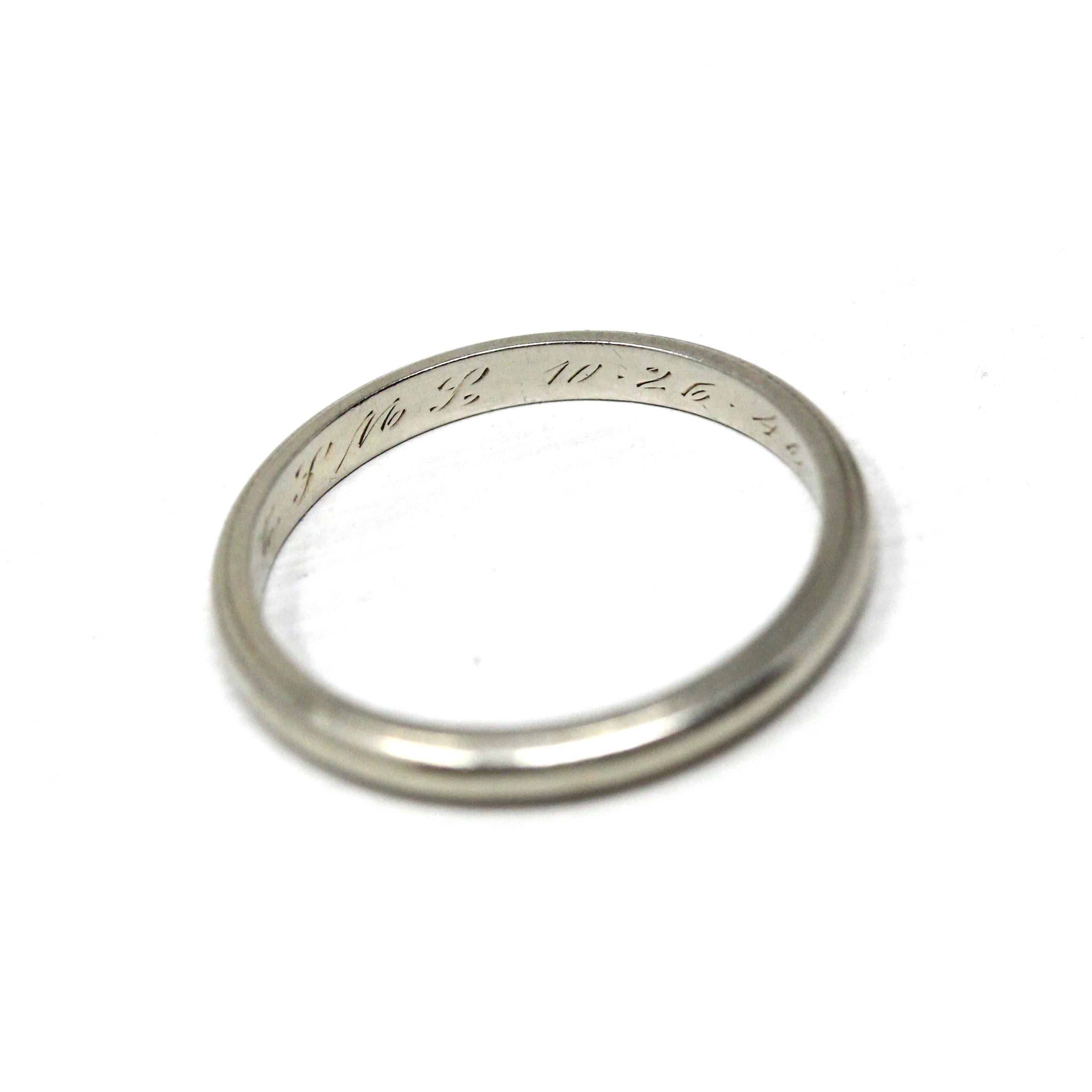 Vintage Wedding Band - Mid Century 14k White Gold Milgrain Plain Stacking Ring with Inscription - Circa late 40s Size 6 Bridal Fine Jewelry