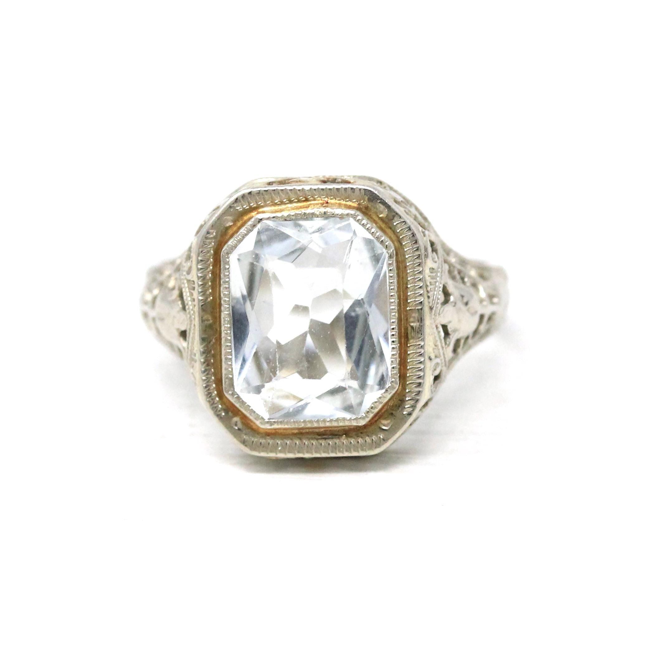 Natural Aquamarine Ring - Art Deco 14k White Gold Emerald Cut Blue Gemstone - Vintage Circa 1930s Era Size 6 Flower Filigree Fine Jewelry