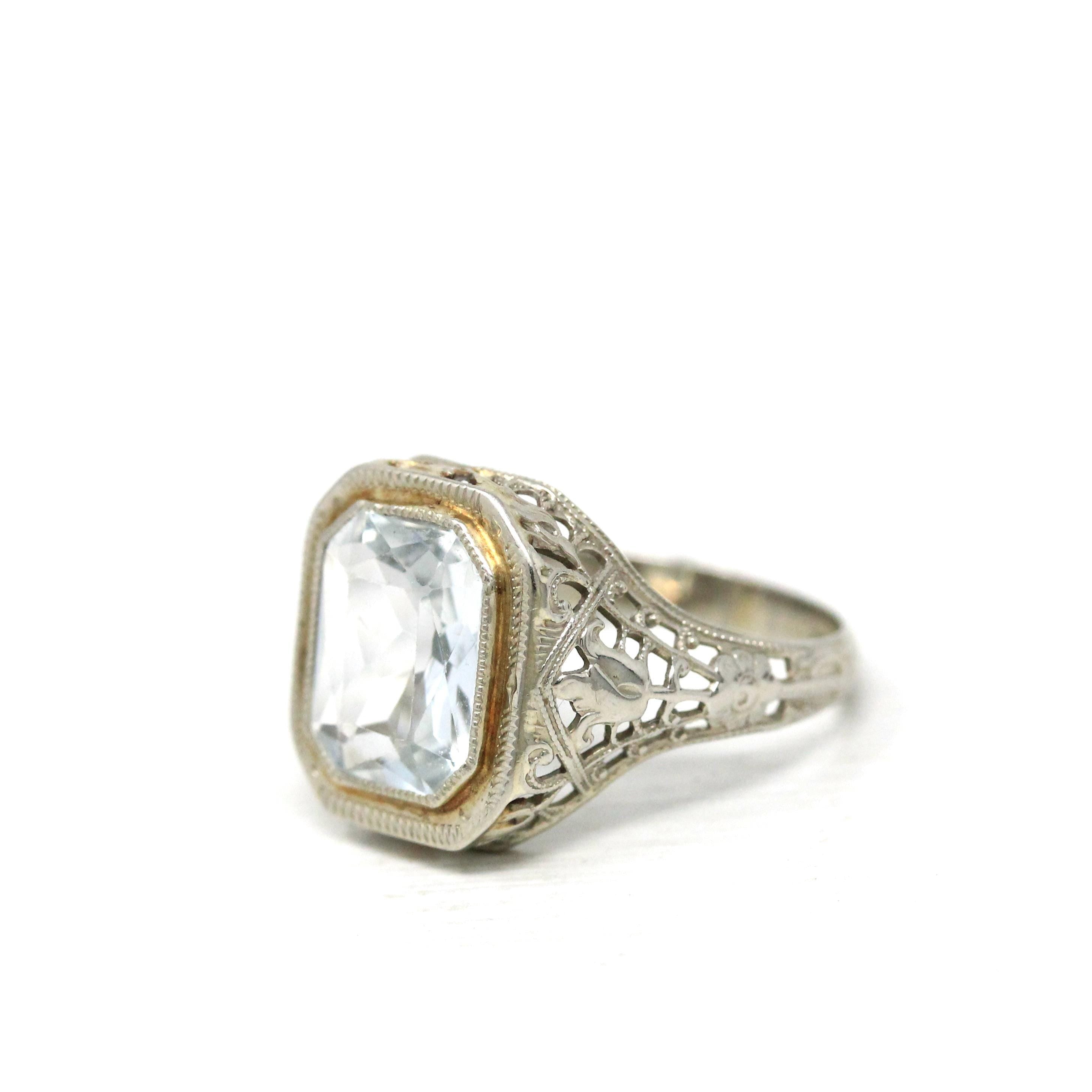 Natural Aquamarine Ring - Art Deco 14k White Gold Emerald Cut Blue Gemstone - Vintage Circa 1930s Era Size 6 Flower Filigree Fine Jewelry