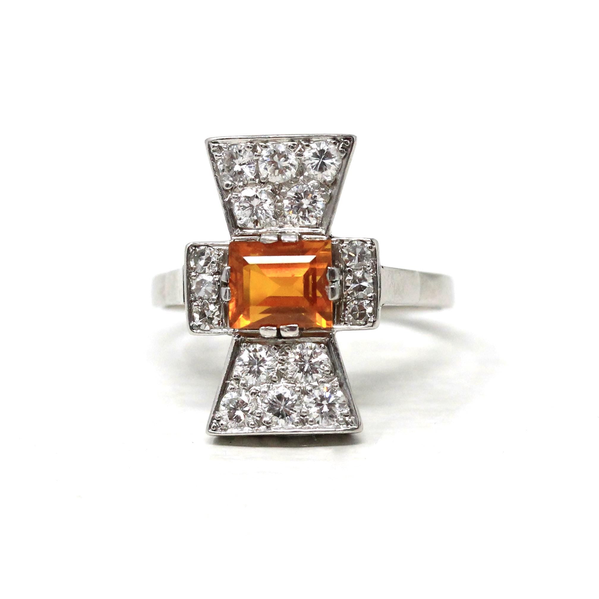Orange Sapphire Ring - Vintage Estate Platinum Natural Orange Gem & Diamonds - 1950s Style Size 6 3/4 Fine Alternative Engagement Jewelry