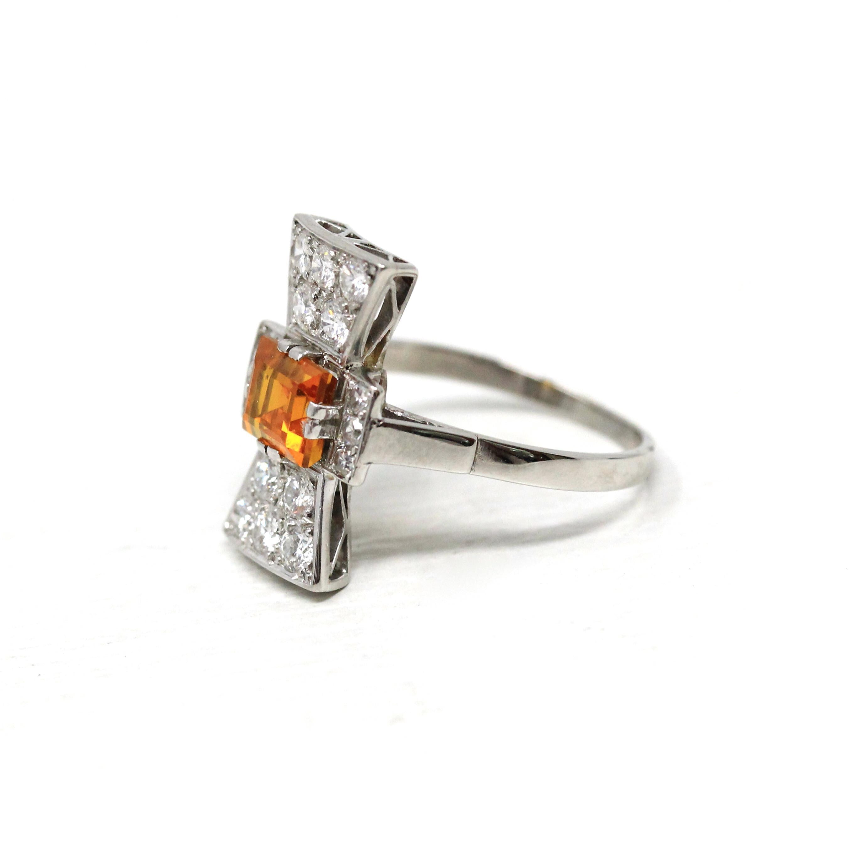 Orange Sapphire Ring - Vintage Estate Platinum Natural Orange Gem & Diamonds - 1950s Style Size 6 3/4 Fine Alternative Engagement Jewelry