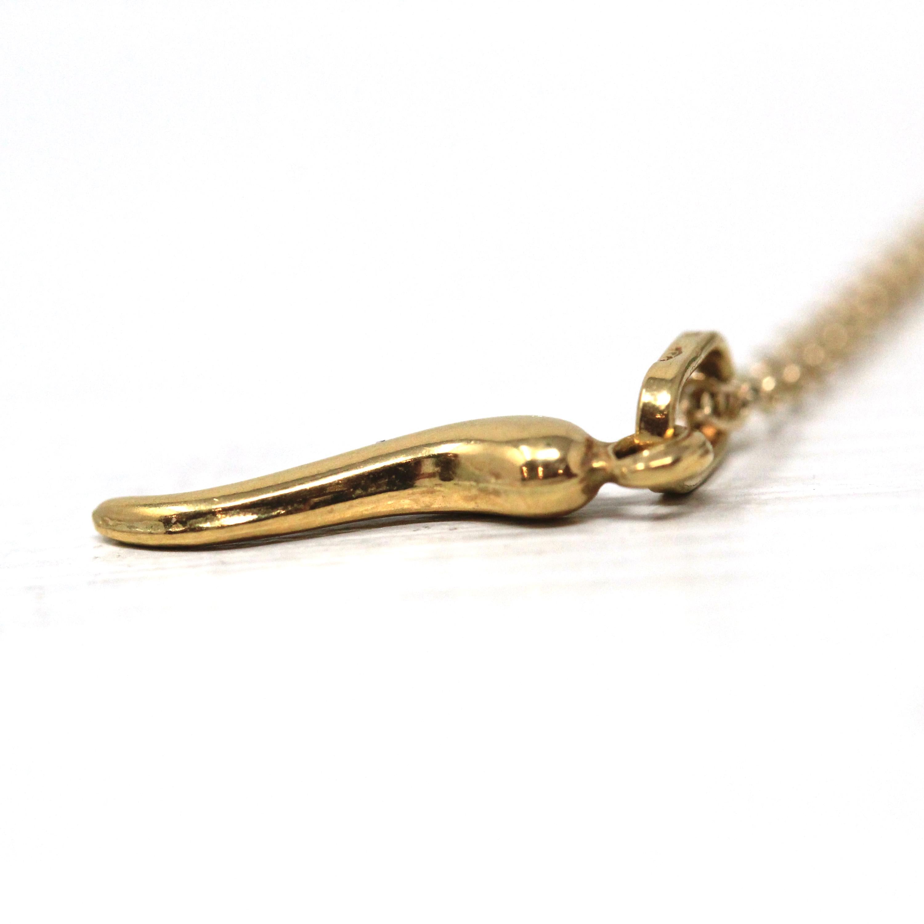 Italian Horn Charm - Retro 18k Yellow Gold Italy Cornicello Good Luck Pendant Necklace - Vintage Circa 1970s Ward Off Evil Amulet Jewelry