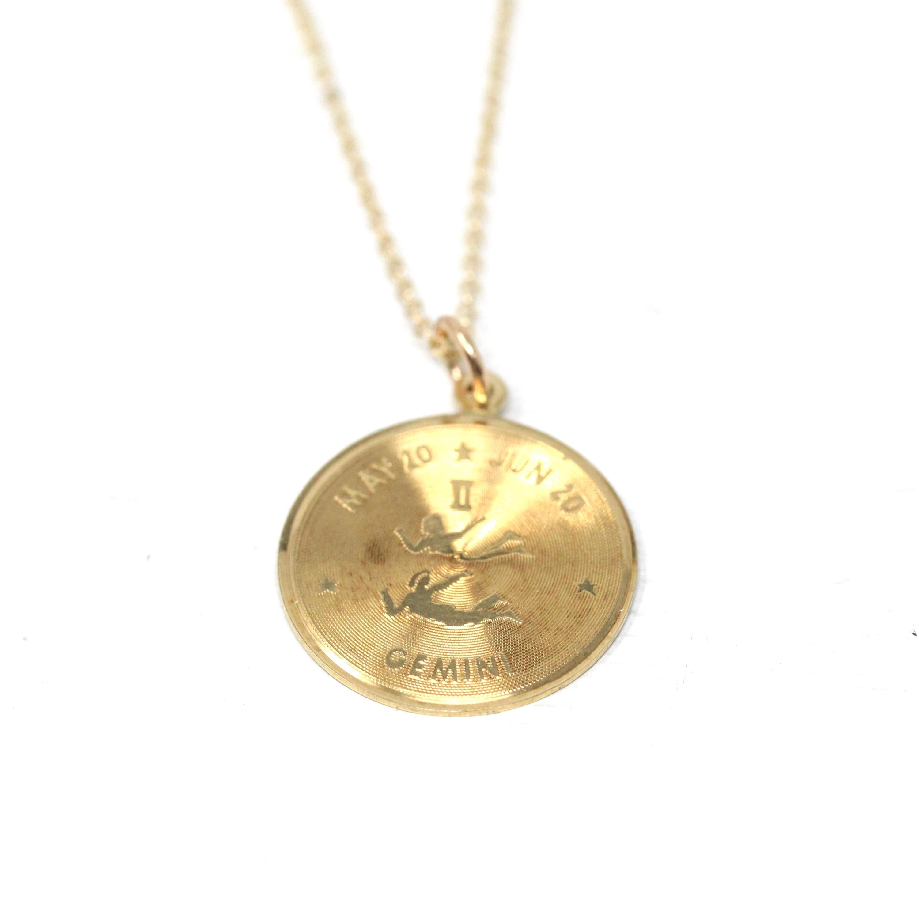 Vintage Gemini Pendant - Retro 14k Yellow Gold Twin Astrological Sign Necklace - Circa 1970s Era Zodiac Celestial Air Element Fine Jewelry