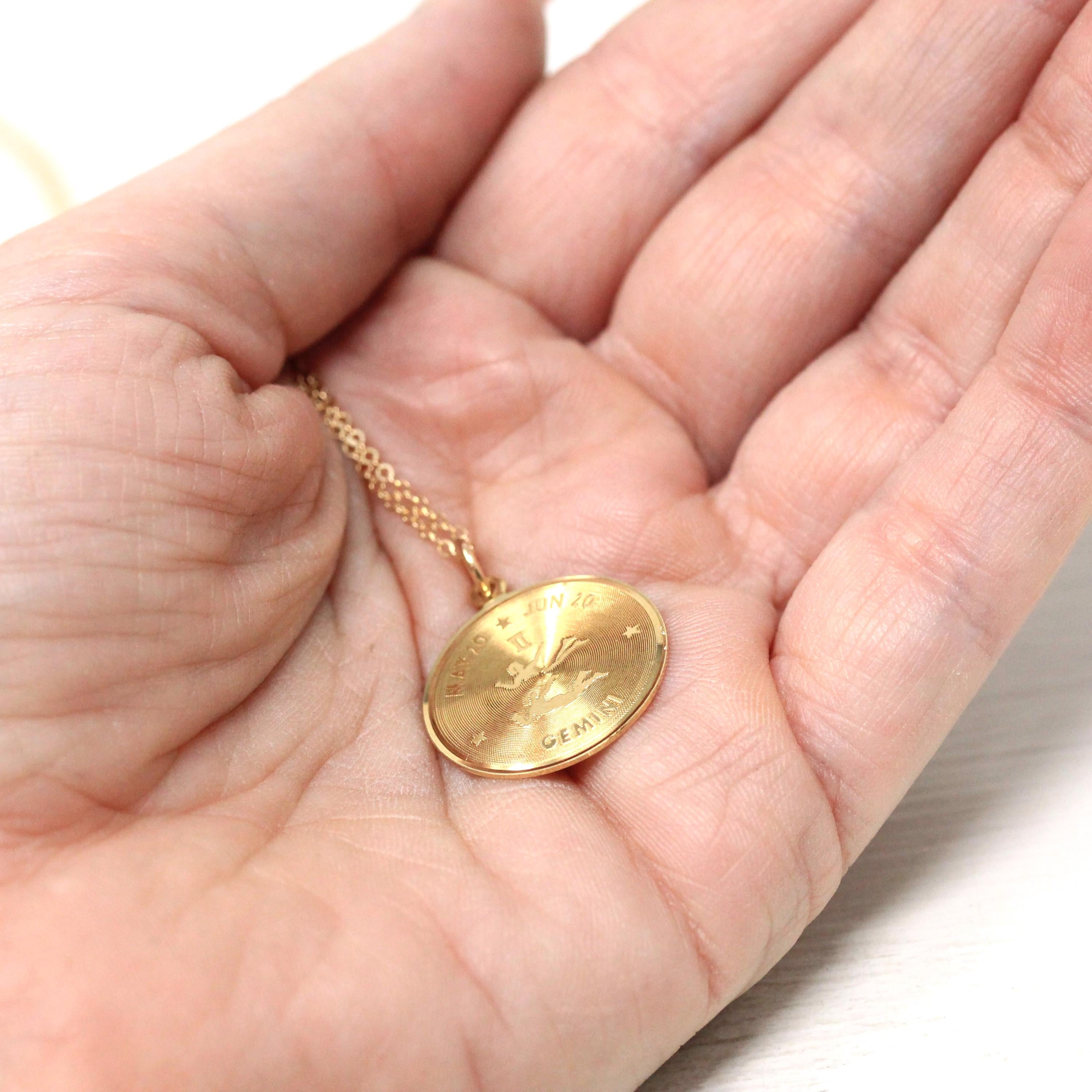 Vintage Gemini Pendant - Retro 14k Yellow Gold Twin Astrological Sign Necklace - Circa 1970s Era Zodiac Celestial Air Element Fine Jewelry