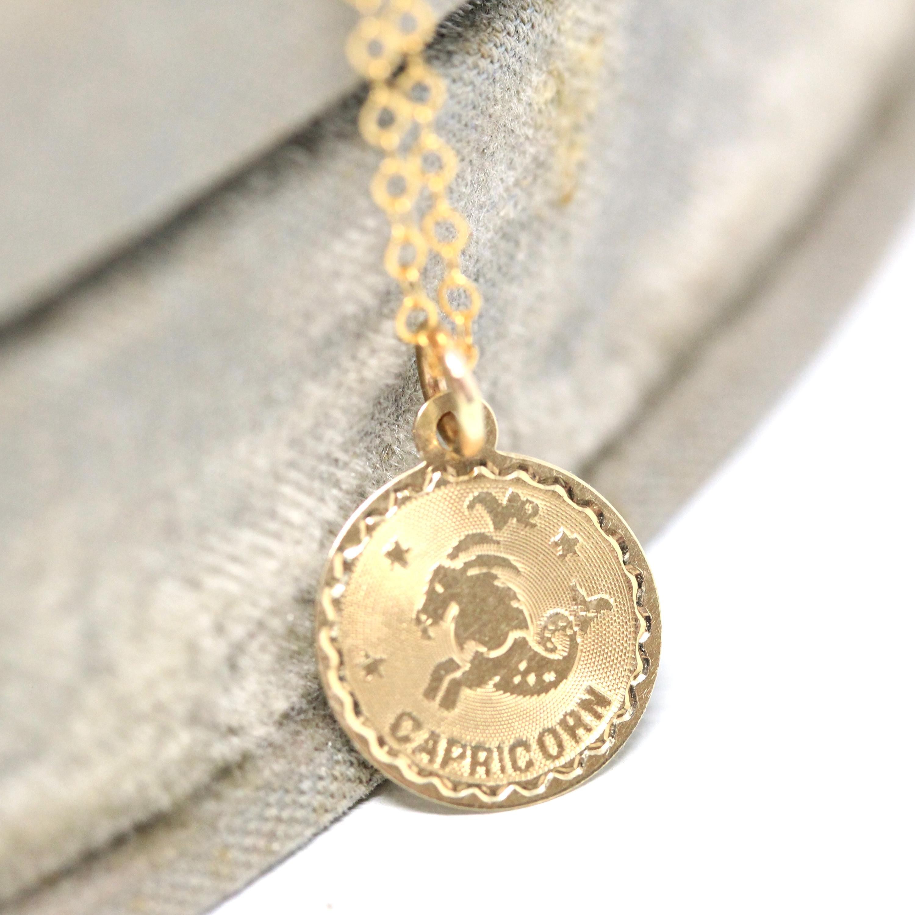 Vintage Capricorn Charm - Retro 14k Yellow Gold Sea Goat Astrological Sign Necklace - Circa 1970s Era Zodiac Earth Element Fine 70s Jewelry