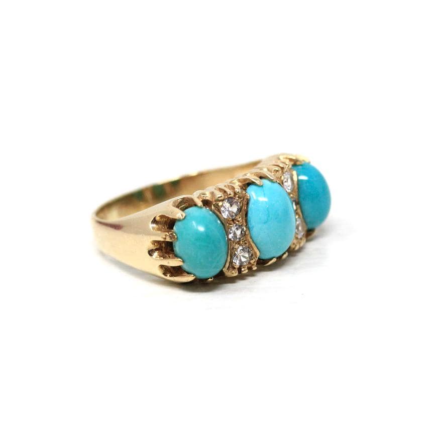 Simulated Turquoise Ring - Estate 9k Yellow Gold Glass Cabochon Three Stone Band - Hallmarked 2016 Size 7.5 Fine Birmingham Fashion Jewelry