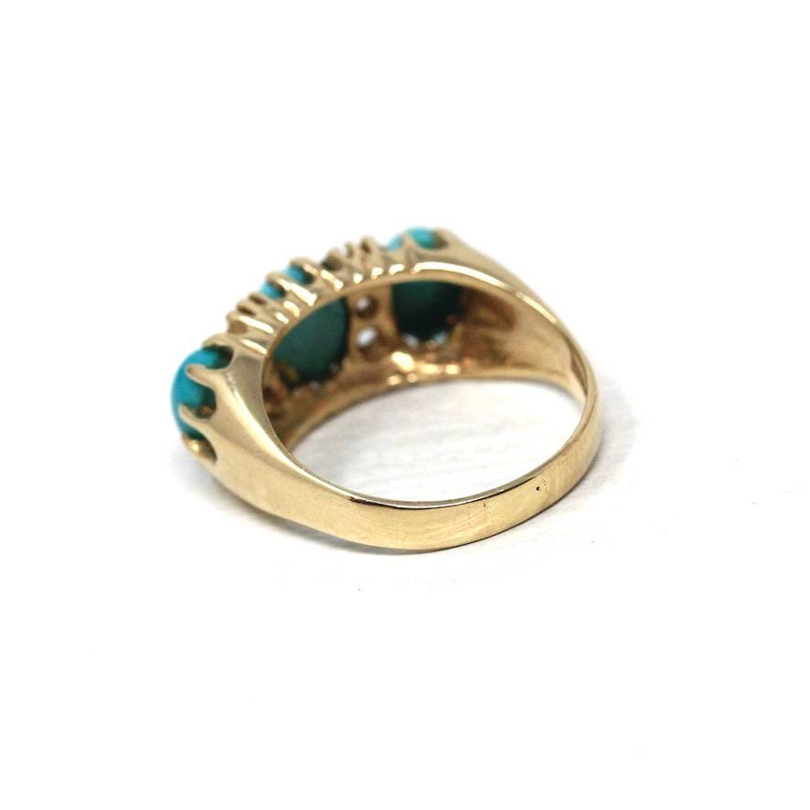 Simulated Turquoise Ring - Estate 9k Yellow Gold Glass Cabochon Three Stone Band - Hallmarked 2016 Size 7.5 Fine Birmingham Fashion Jewelry