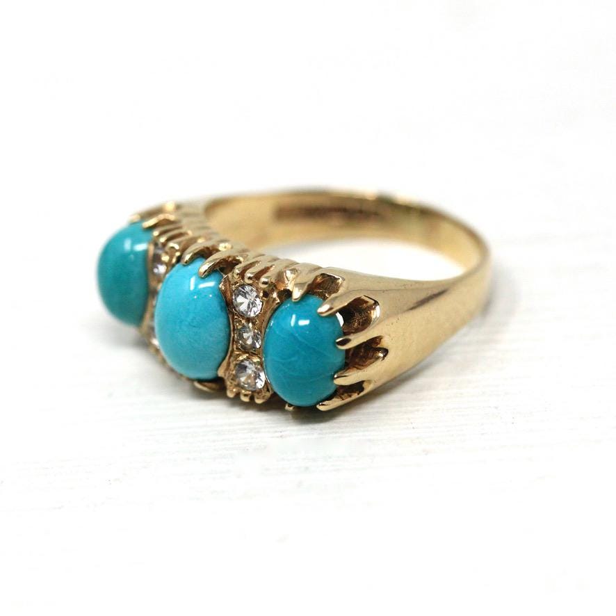 Simulated Turquoise Ring - Estate 9k Yellow Gold Glass Cabochon Three Stone Band - Hallmarked 2016 Size 7.5 Fine Birmingham Fashion Jewelry