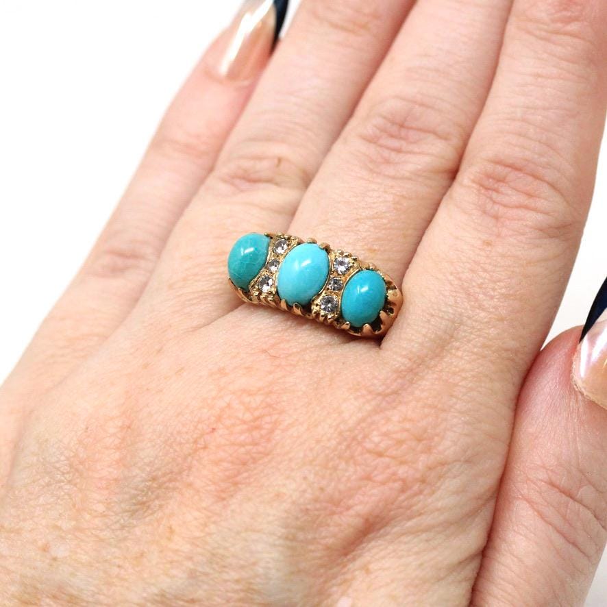 Simulated Turquoise Ring - Estate 9k Yellow Gold Glass Cabochon Three Stone Band - Hallmarked 2016 Size 7.5 Fine Birmingham Fashion Jewelry