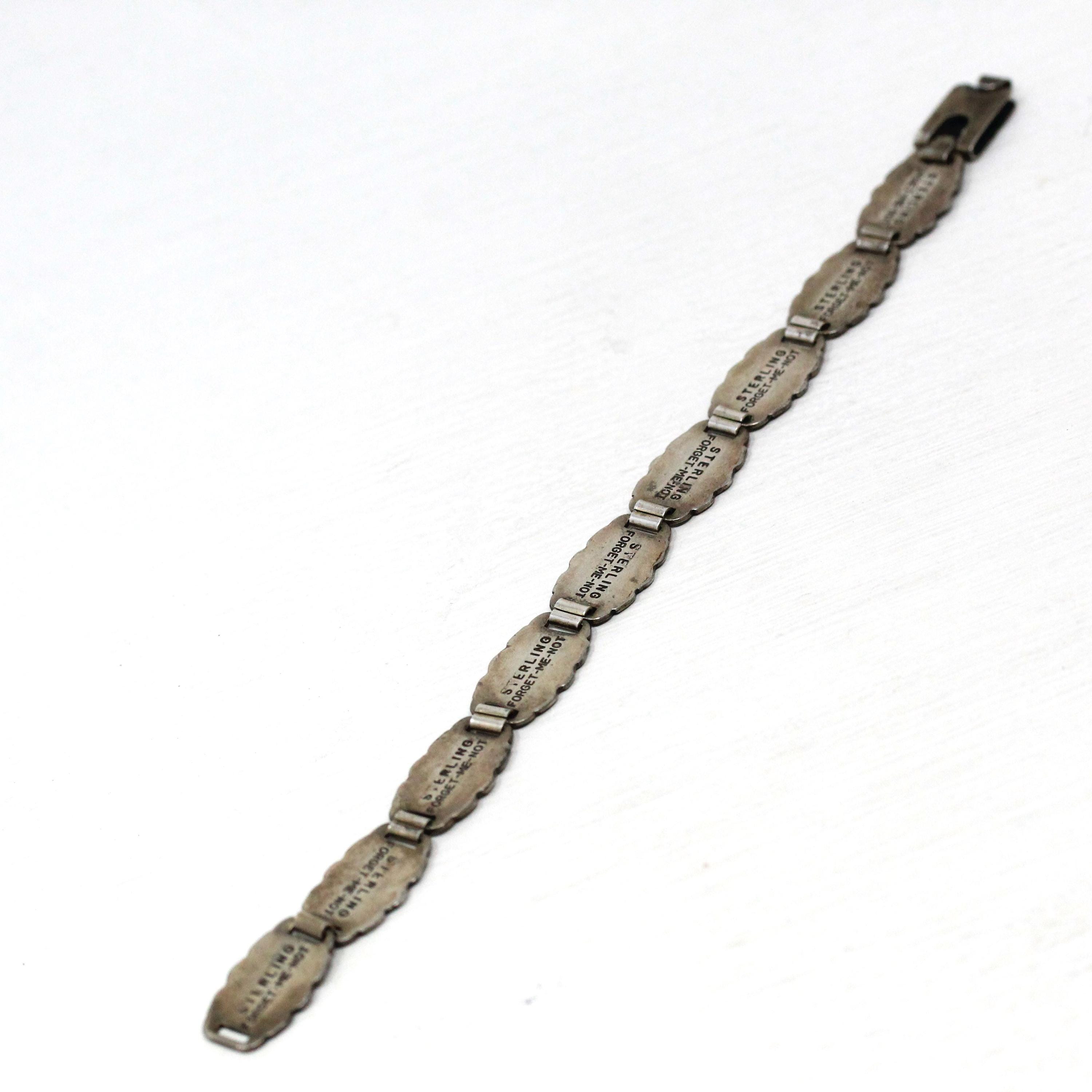 Forget Me Not Bracelet - Retro Sterling Silver Engraved Floral Panels 6 Inches - Vintage Dated 1945 Engraved Names Flower Family Jewelry